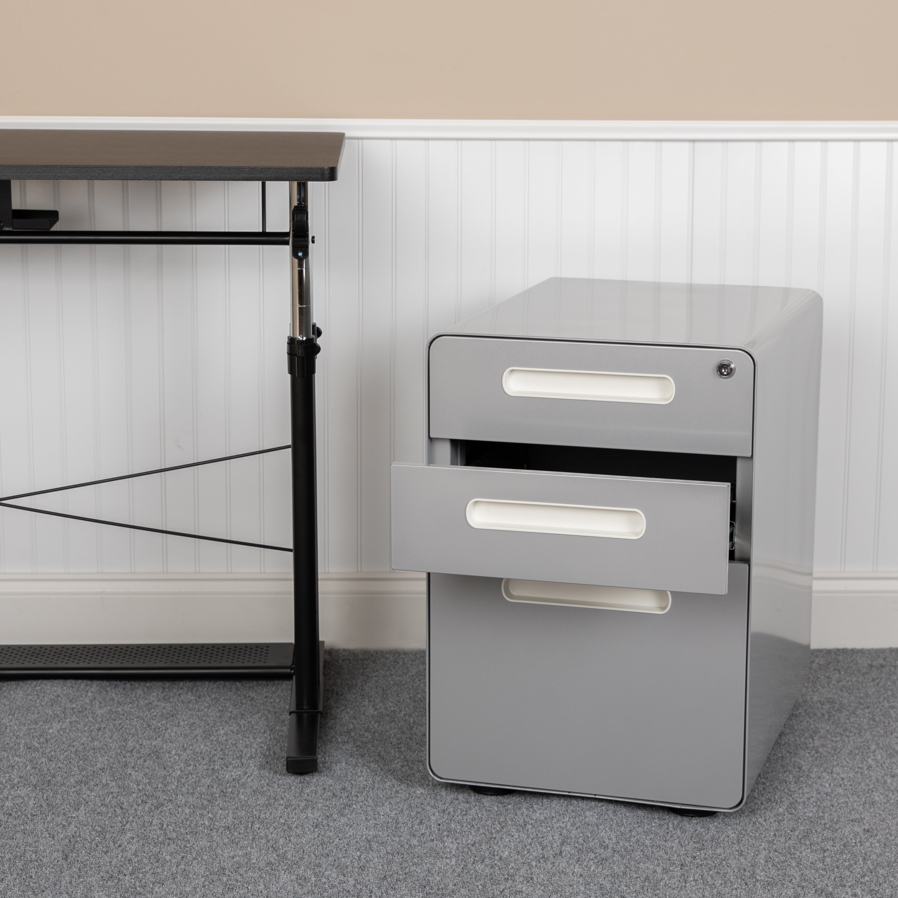 Ergonomic 3-Drawer Mobile Locking Filing Cabinet with Anti-Tilt Mechanism and Hanging Drawer for Legal & Letter Files