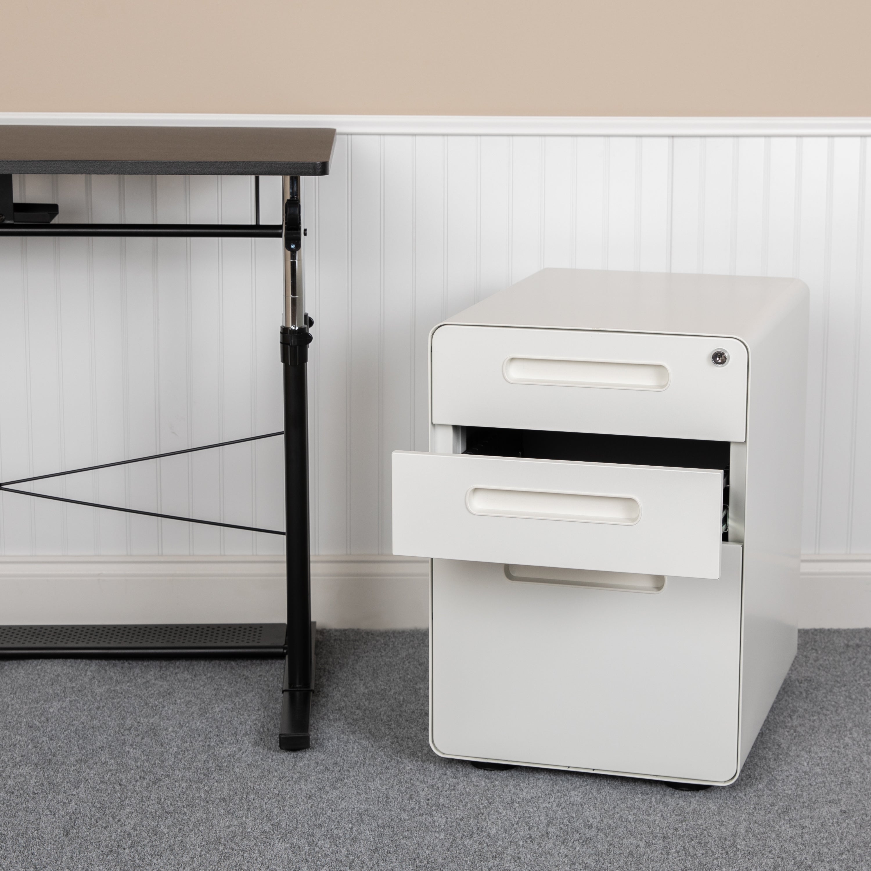 Ergonomic 3-Drawer Mobile Locking Filing Cabinet with Anti-Tilt Mechanism and Hanging Drawer for Legal & Letter Files