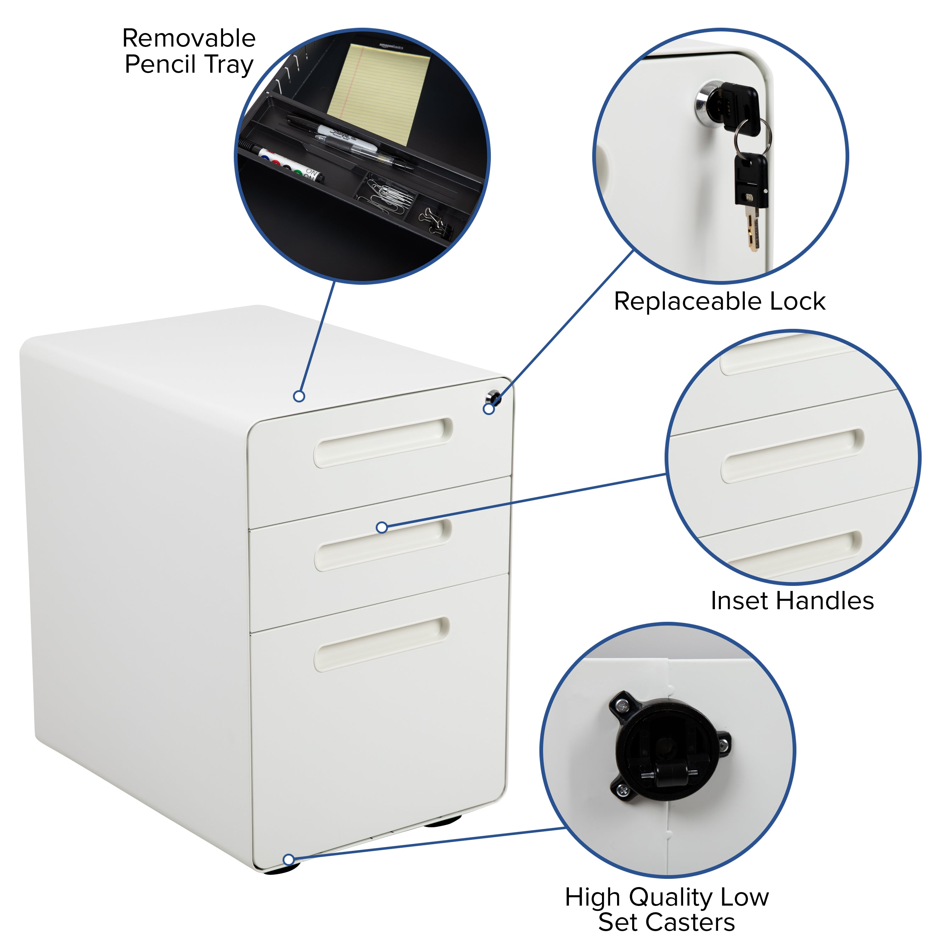 Ergonomic 3-Drawer Mobile Locking Filing Cabinet with Anti-Tilt Mechanism and Hanging Drawer for Legal & Letter Files