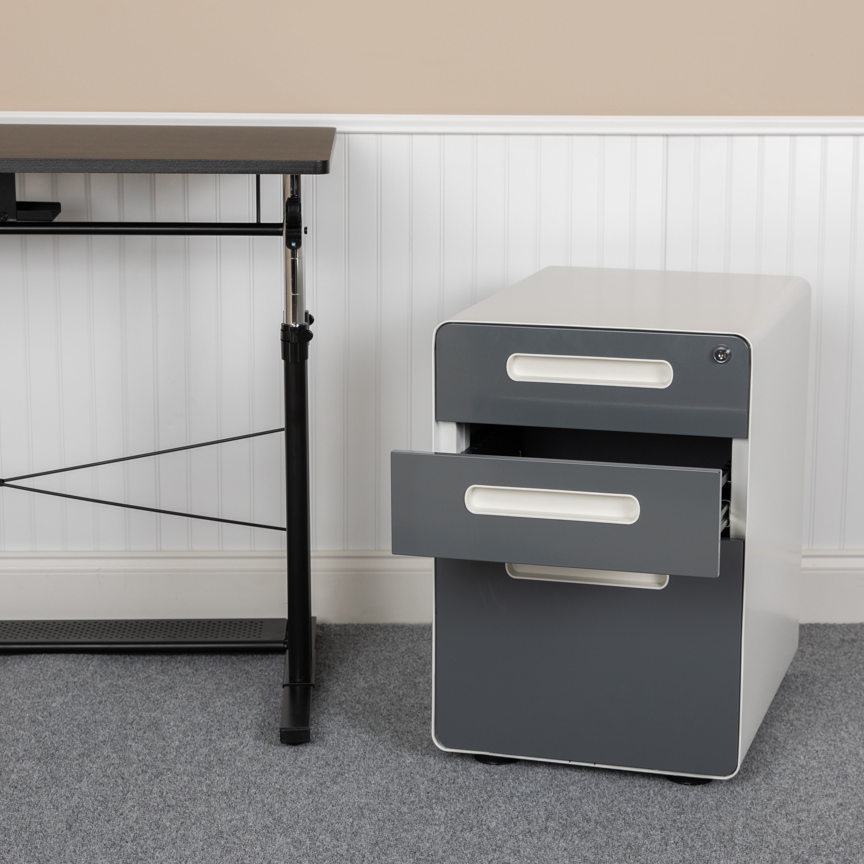 Ergonomic 3-Drawer Mobile Locking Filing Cabinet with Anti-Tilt Mechanism and Hanging Drawer for Legal & Letter Files