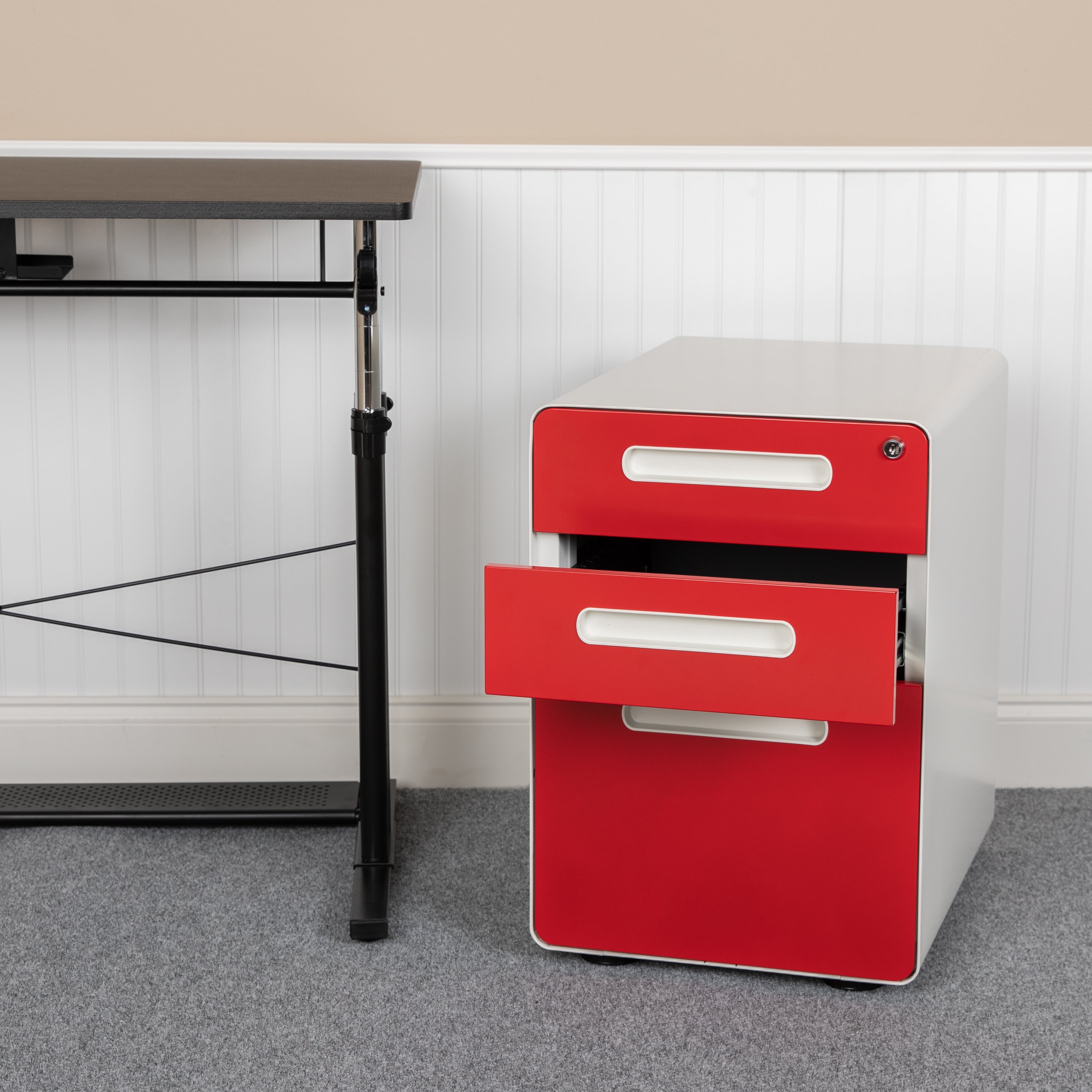 Ergonomic 3-Drawer Mobile Locking Filing Cabinet with Anti-Tilt Mechanism and Hanging Drawer for Legal & Letter Files