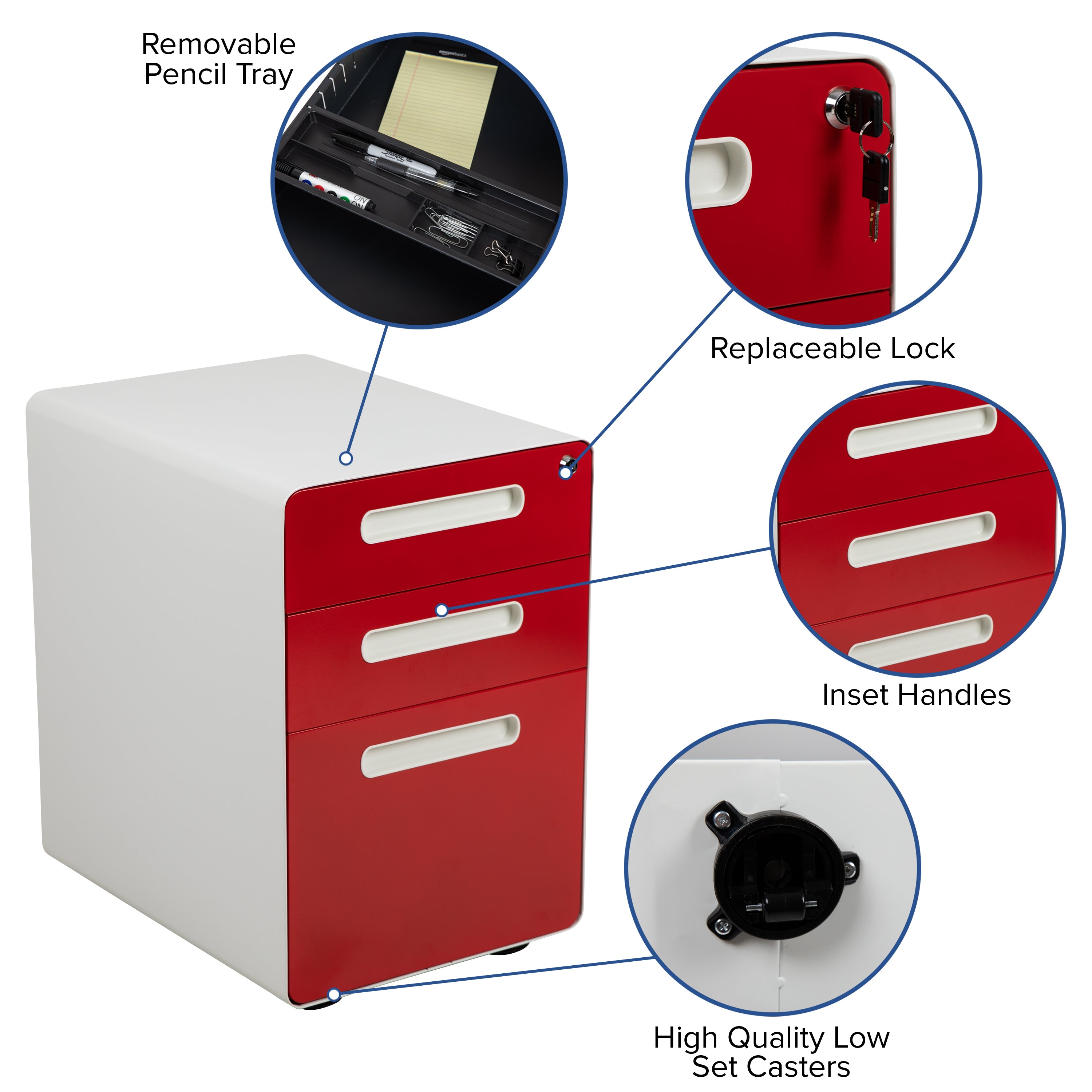 Ergonomic 3-Drawer Mobile Locking Filing Cabinet with Anti-Tilt Mechanism and Hanging Drawer for Legal & Letter Files