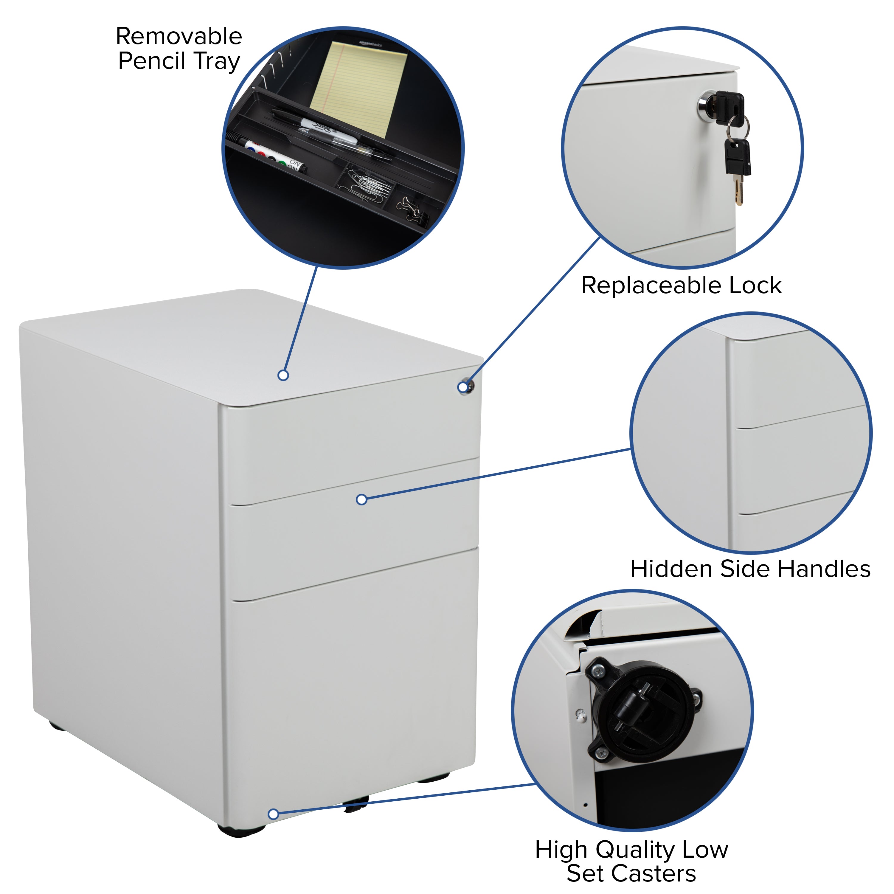 Modern 3-Drawer Mobile Locking Filing Cabinet with Anti-Tilt Mechanism and Hanging Drawer for Legal & Letter Files