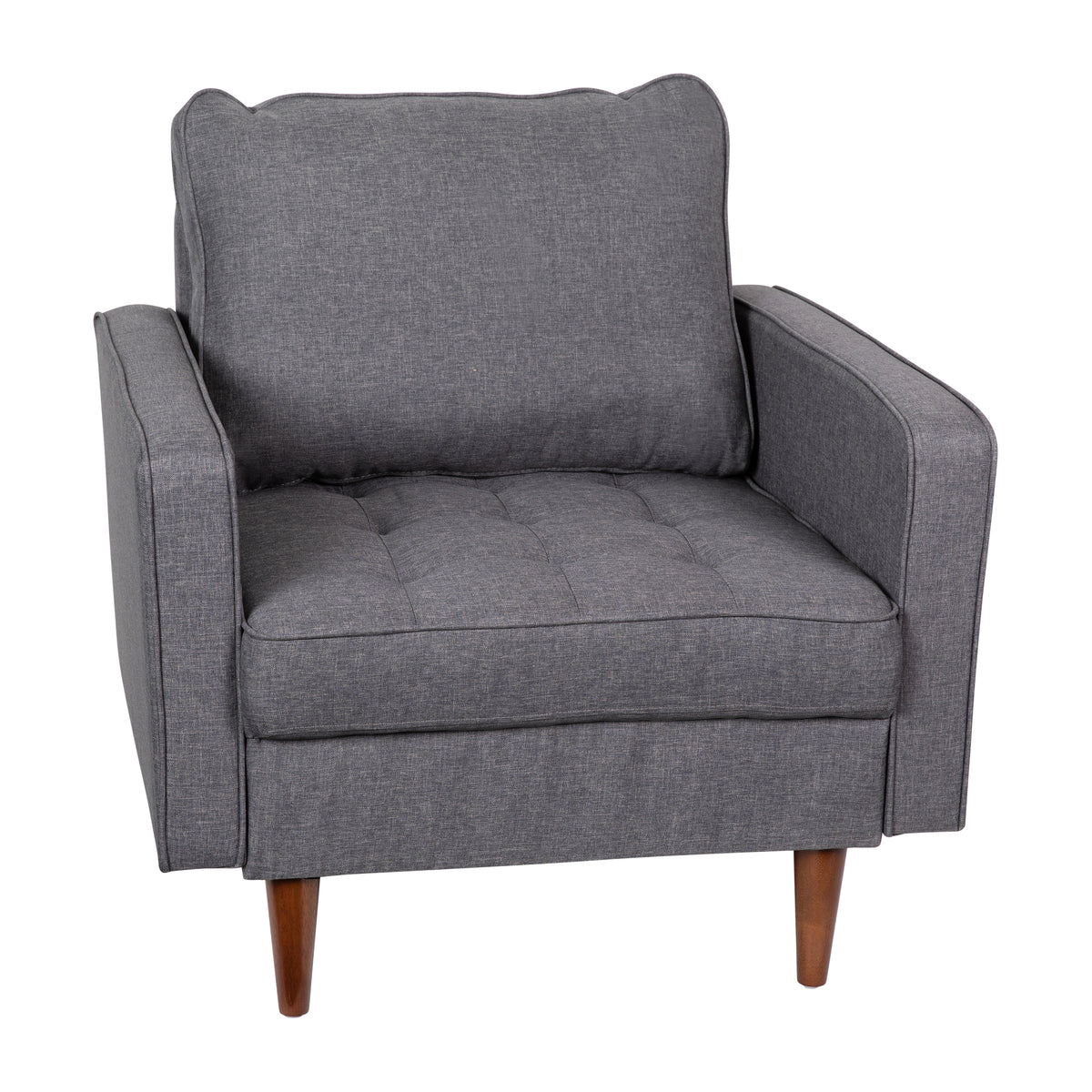 Hudson Mid-Century Modern Commercial Grade Armchair with Tufted Faux Linen Upholstery & Solid Wood Legs