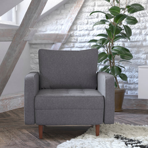 Hudson Mid-Century Modern Commercial Grade Armchair with Tufted Faux Linen Upholstery & Solid Wood Legs