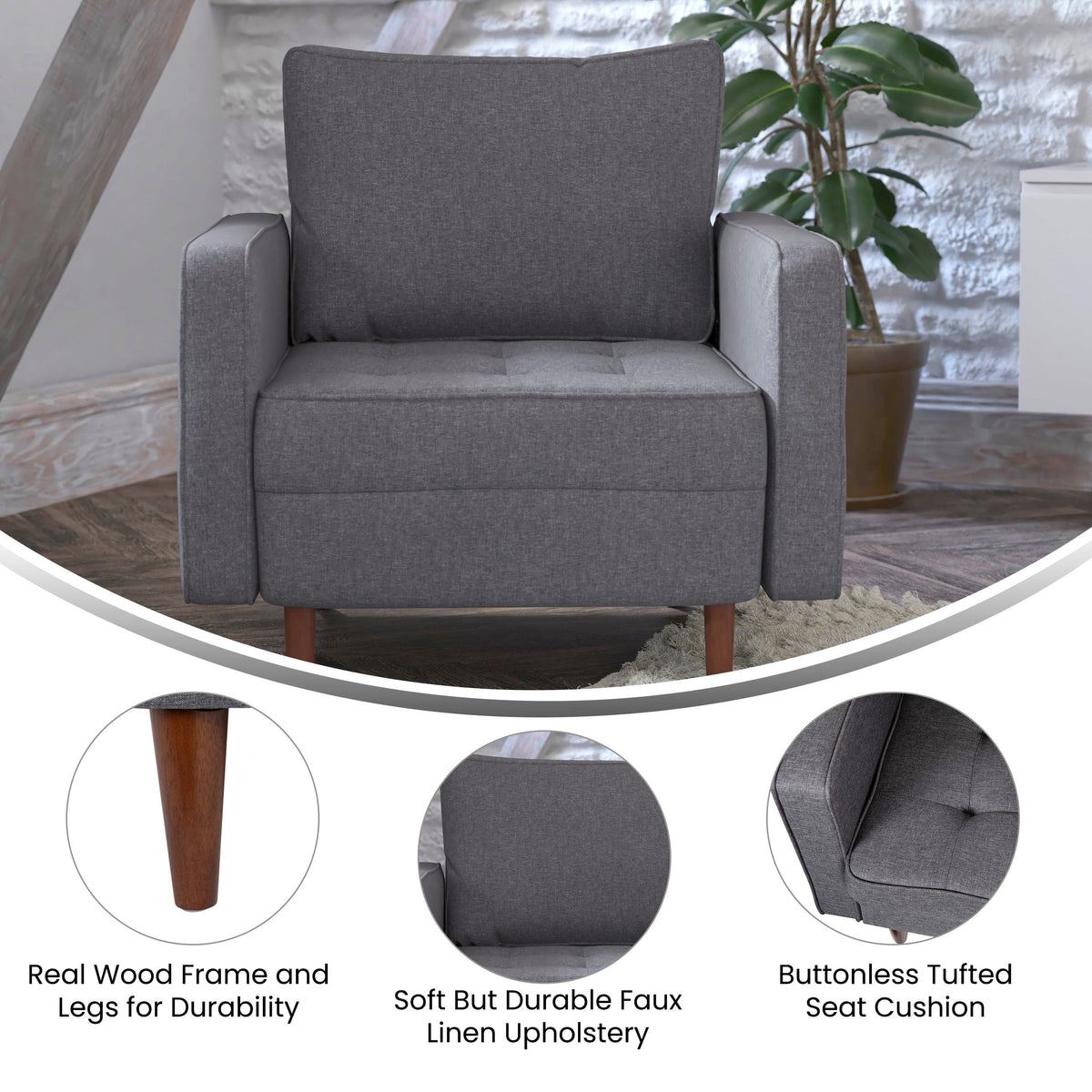 Hudson Mid-Century Modern Commercial Grade Armchair with Tufted Faux Linen Upholstery & Solid Wood Legs