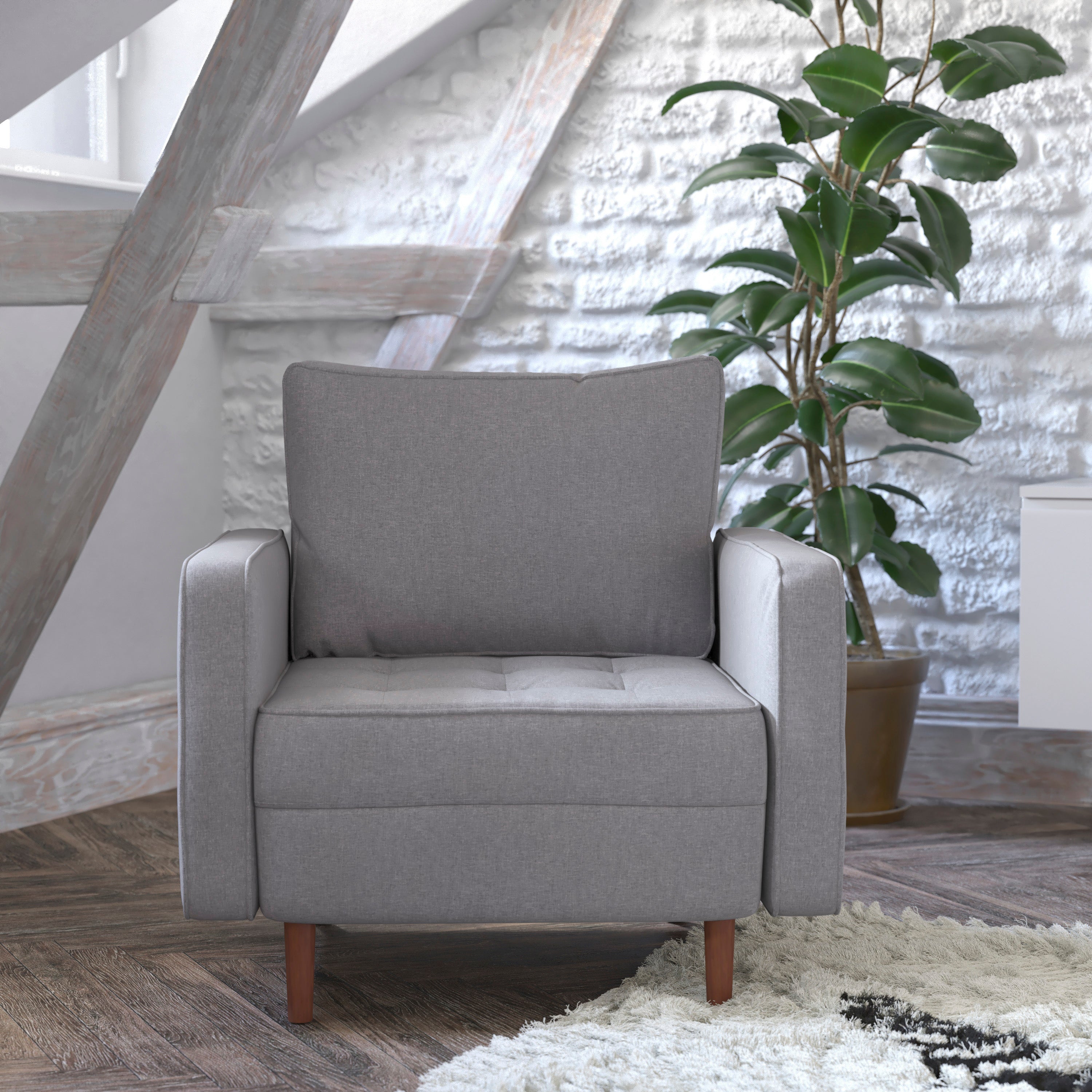 Hudson Mid-Century Modern Commercial Grade Armchair with Tufted Faux Linen Upholstery & Solid Wood Legs-Chair-Flash Furniture-Wall2Wall Furnishings