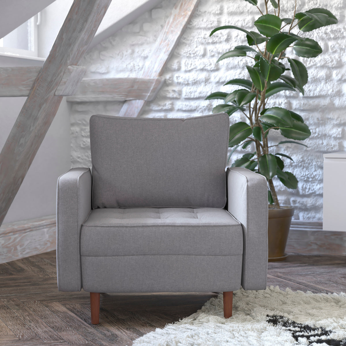 Hudson Mid-Century Modern Commercial Grade Armchair with Tufted Faux Linen Upholstery & Solid Wood Legs