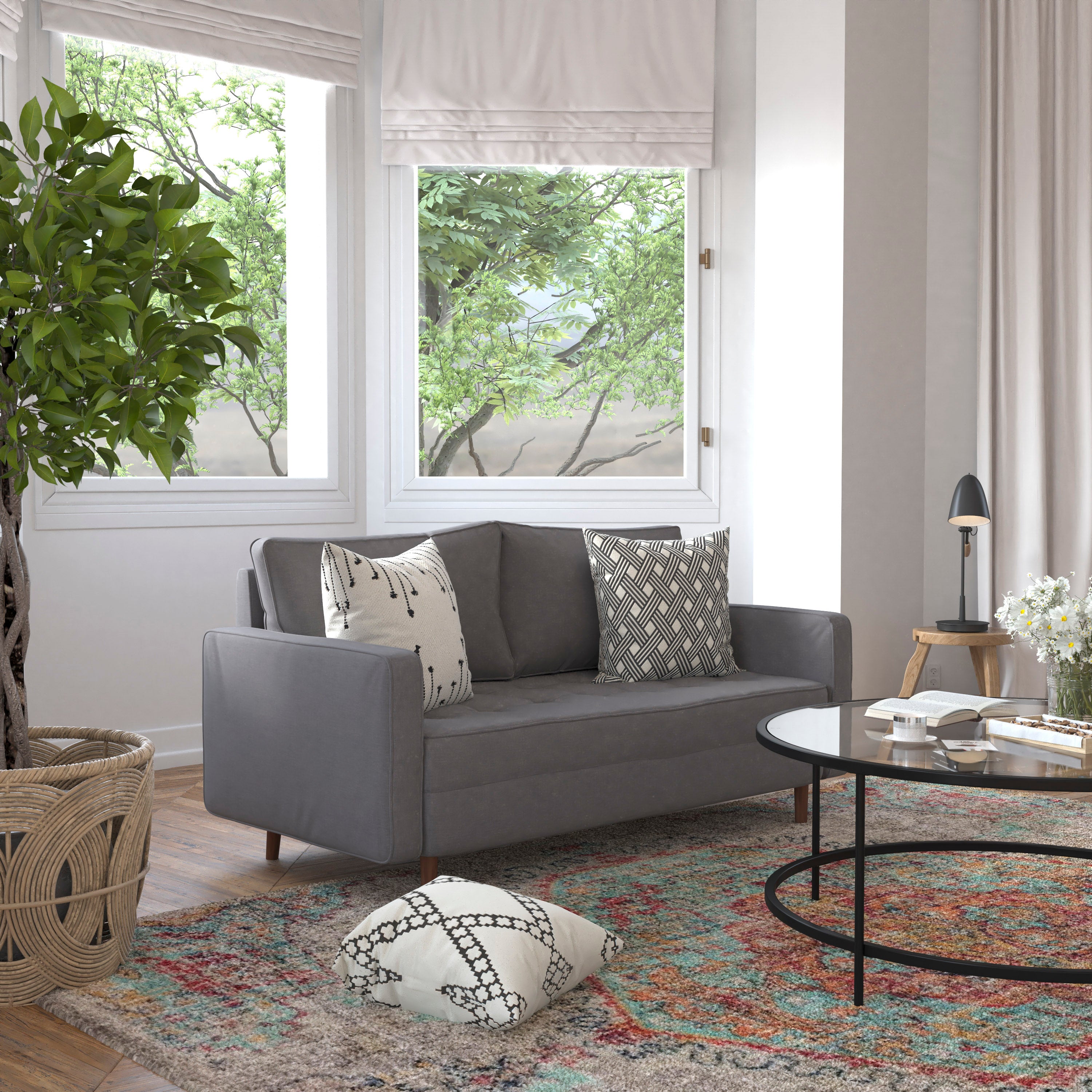 Hudson Mid-Century Modern Loveseat Sofa with Tufted Upholstery & Solid Wood Legs