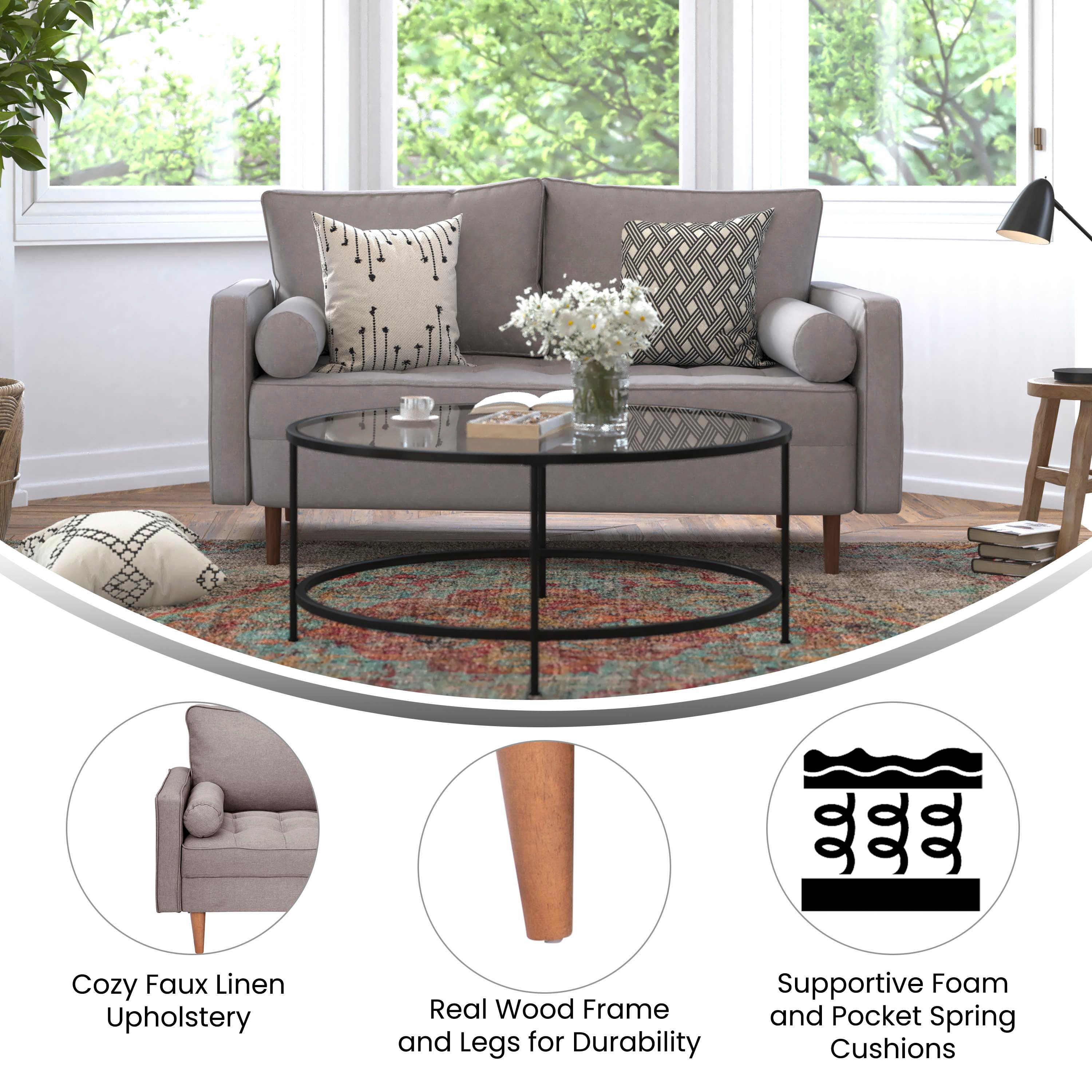 Hudson Mid-Century Modern Loveseat Sofa with Tufted Upholstery & Solid Wood Legs
