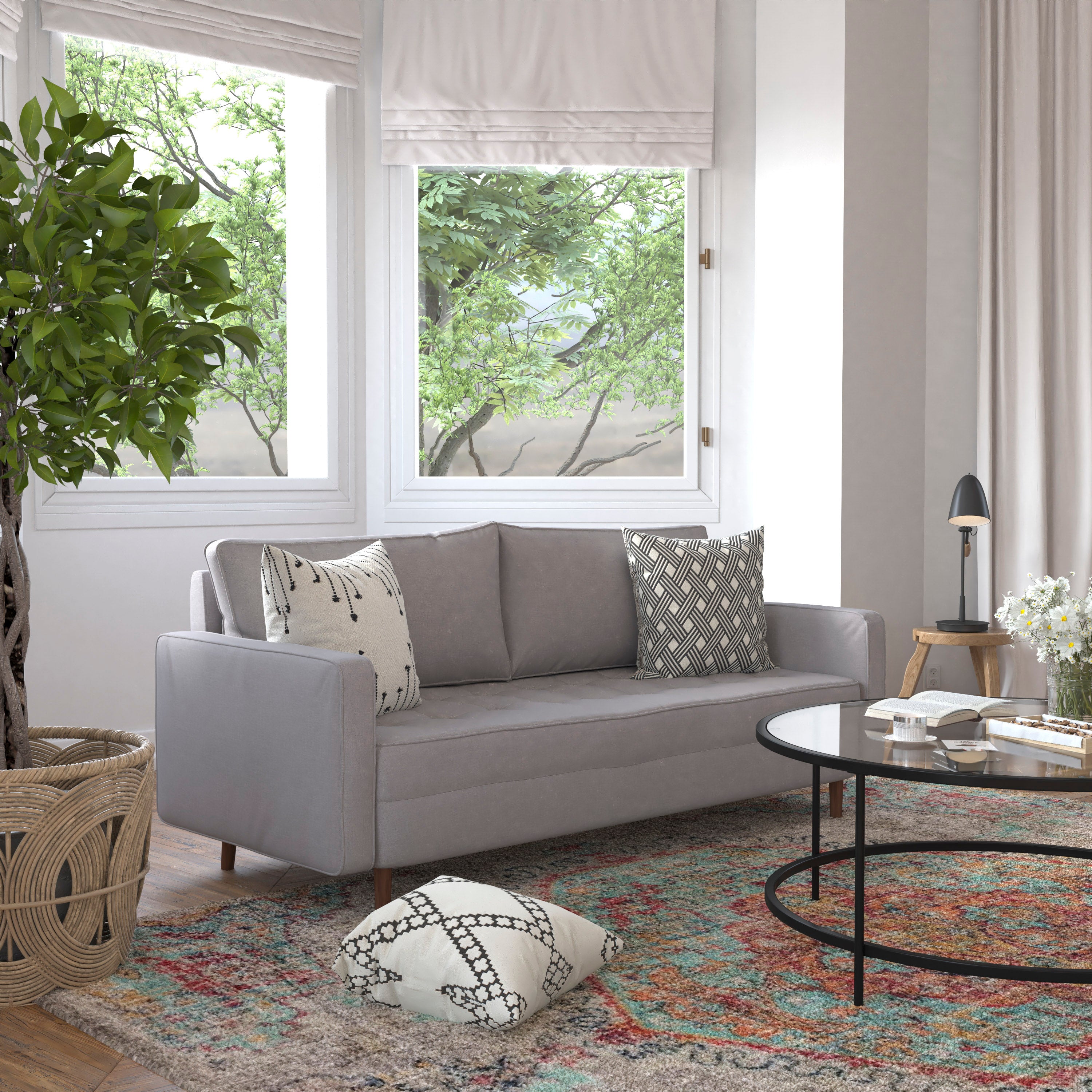 Hudson Mid-Century Modern Sofa with Tufted Upholstery & Solid Wood Legs