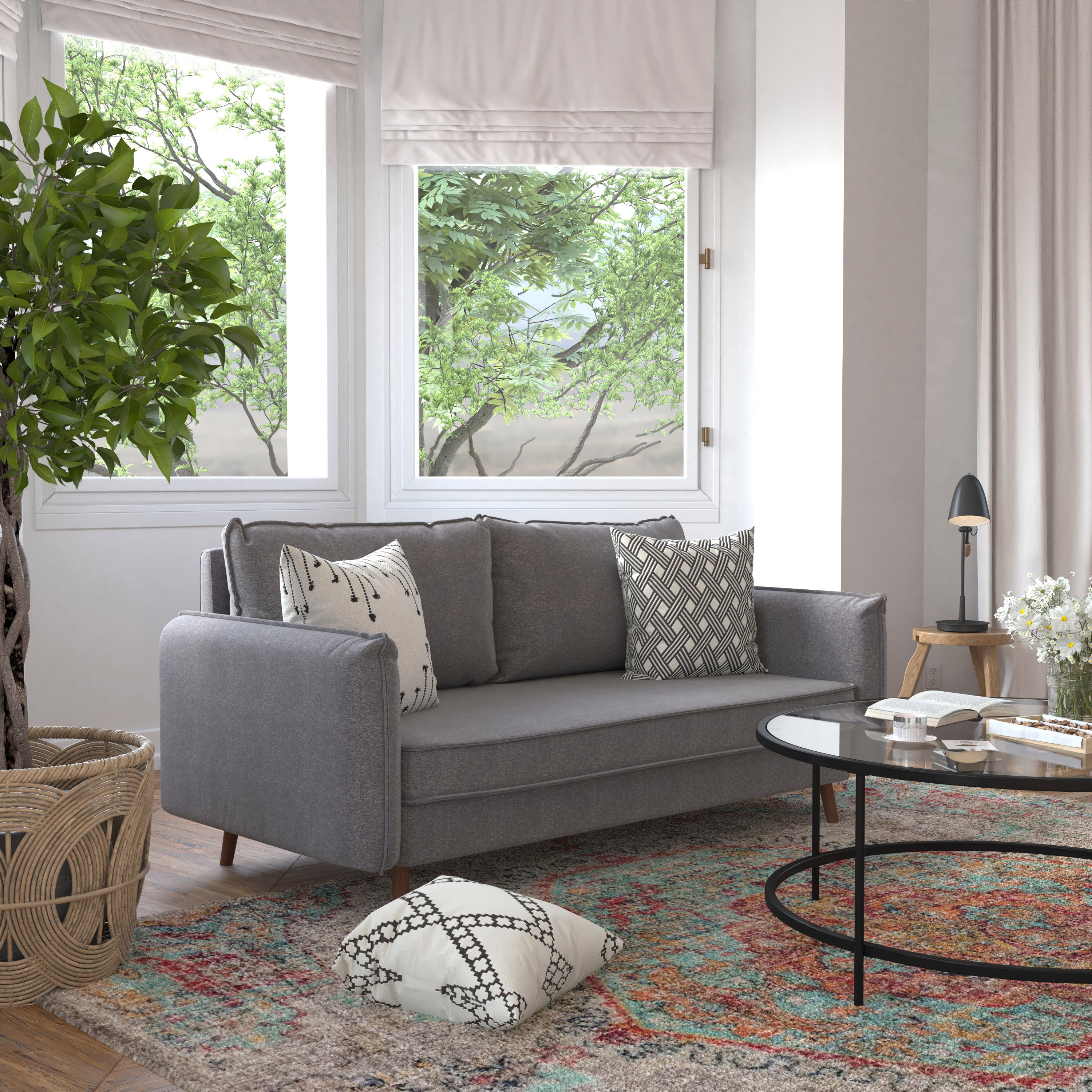 Evie Mid-Century Modern Sofa with Fabric Upholstery & Solid Wood Legs