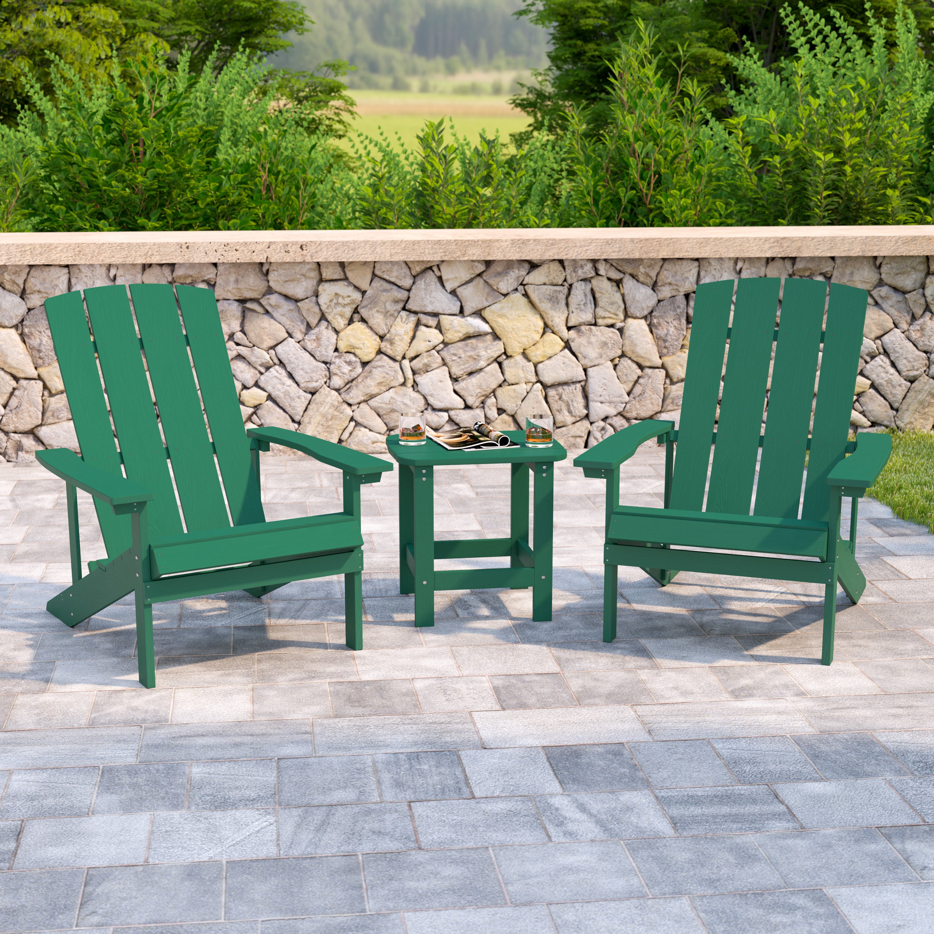2 Pack Charlestown All-Weather Poly Resin Wood Adirondack Chairs with Side Table-Patio Bundle - Adirondack Chair and Side Table-Flash Furniture-Wall2Wall Furnishings