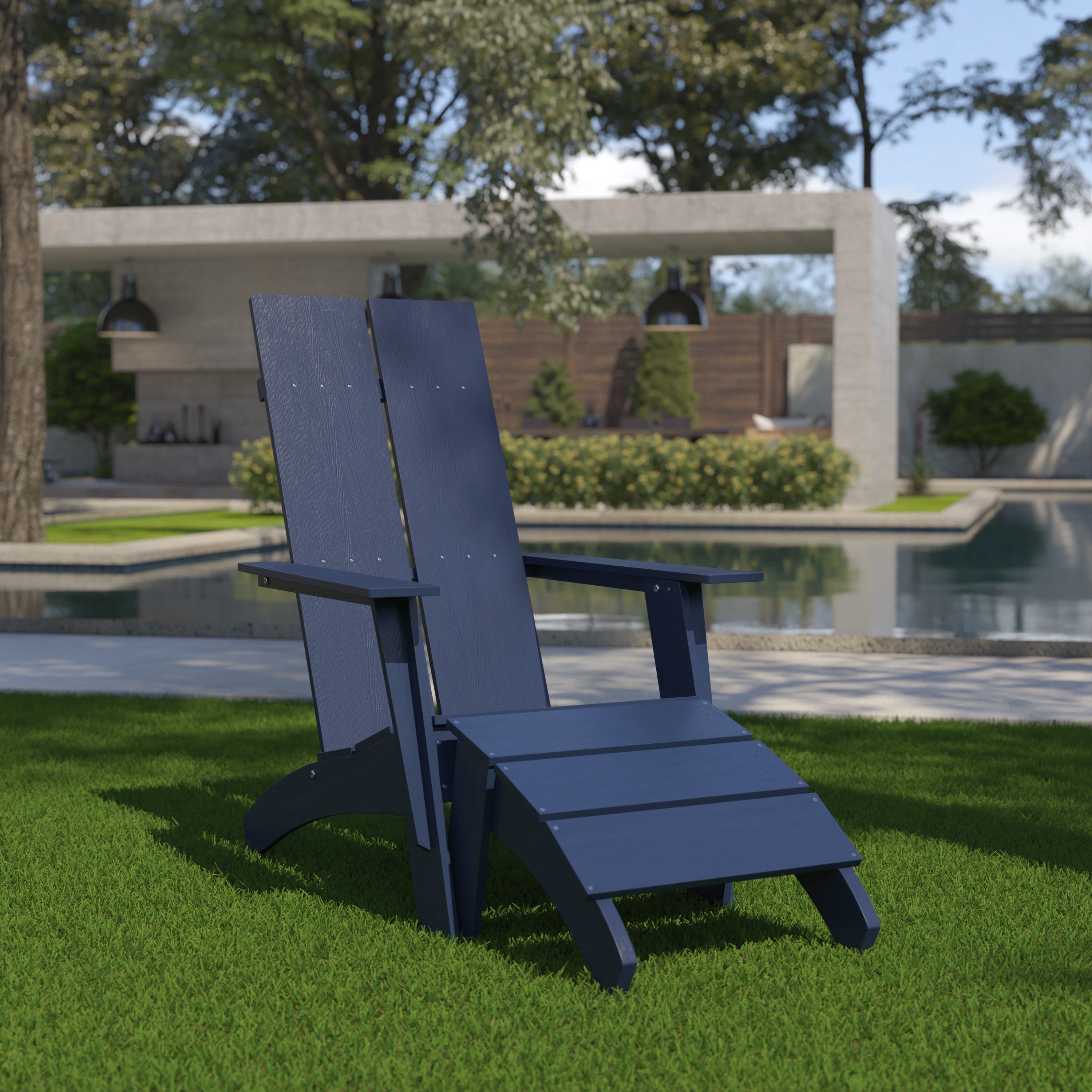 Sawyer Modern All-Weather Poly Resin Wood Adirondack Chair with Foot Rest-Outdoor Chair-Flash Furniture-Wall2Wall Furnishings