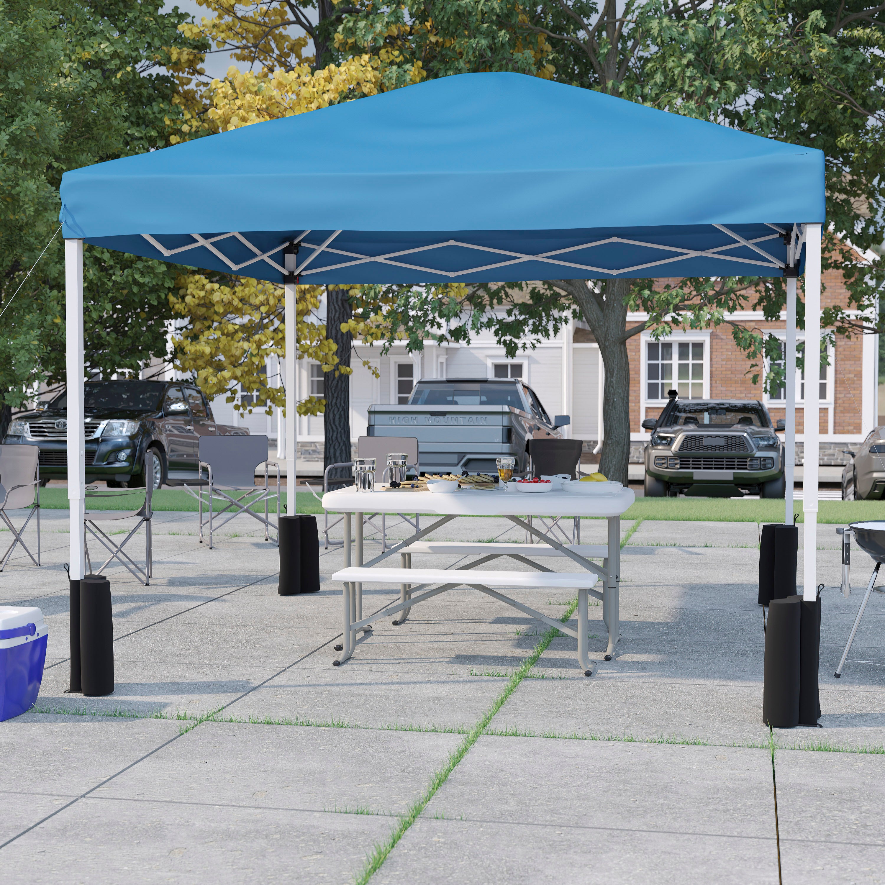 10'x10' Pop Up Event Canopy Tent with Wheeled Case and Folding Bench Set - Portable Tailgate, Camping, Event Set-Outdoor Bundle - Pop Up Tent, Folding Bench Set-Flash Furniture-Wall2Wall Furnishings