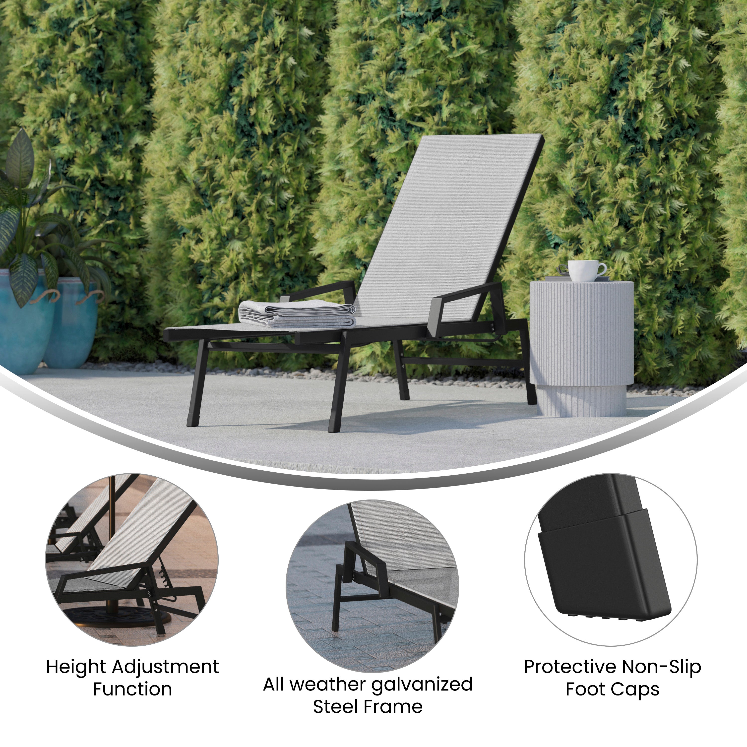 Brazos Adjustable Chaise Lounge Chair with Arms, All-Weather Outdoor Five-Position Reclining-Patio Chaise Lounge Chair-Flash Furniture-Wall2Wall Furnishings