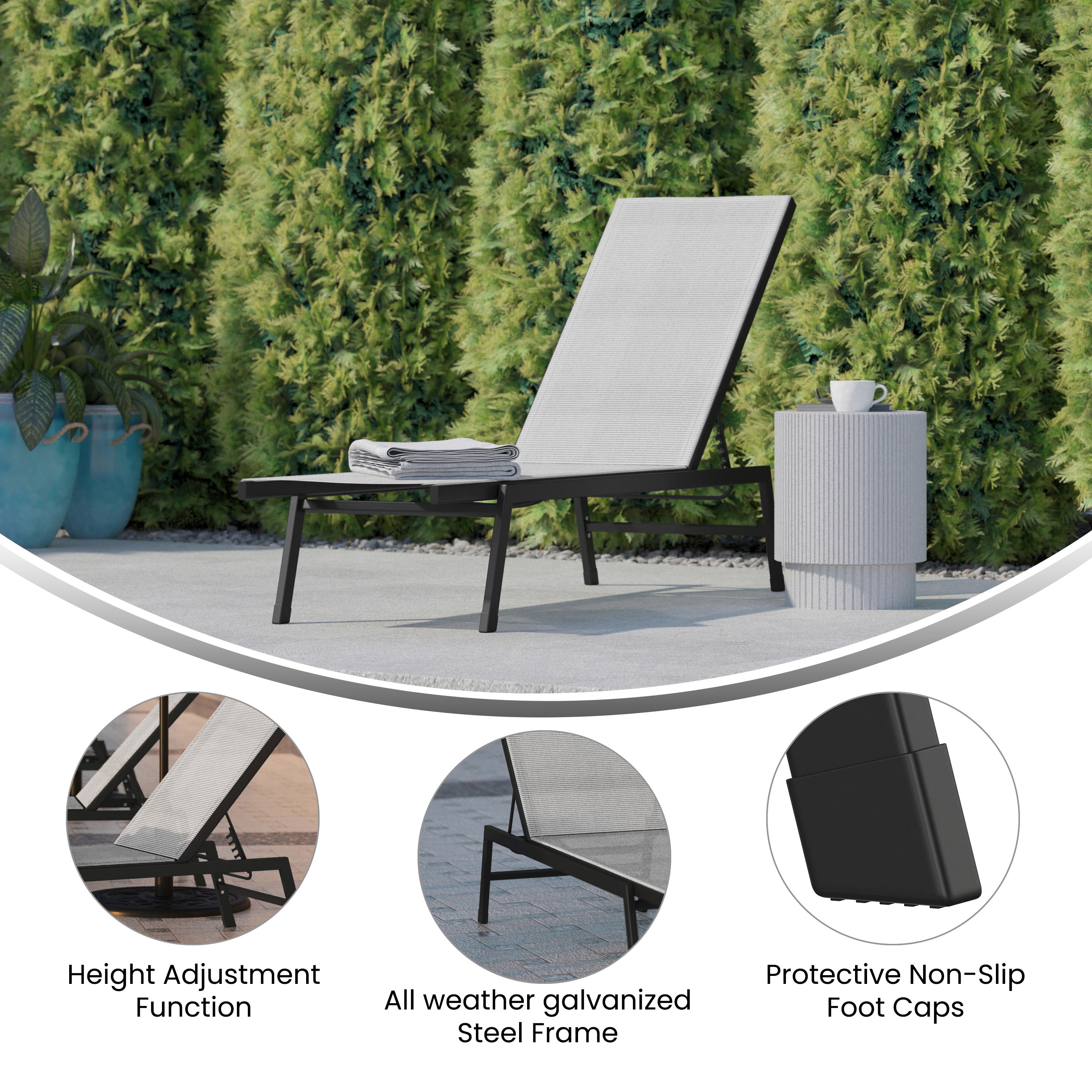 Brazos Adjustable Chaise Lounge Chair, All-Weather Outdoor Five-Position Reclining-Patio Chaise Lounge Chair-Flash Furniture-Wall2Wall Furnishings