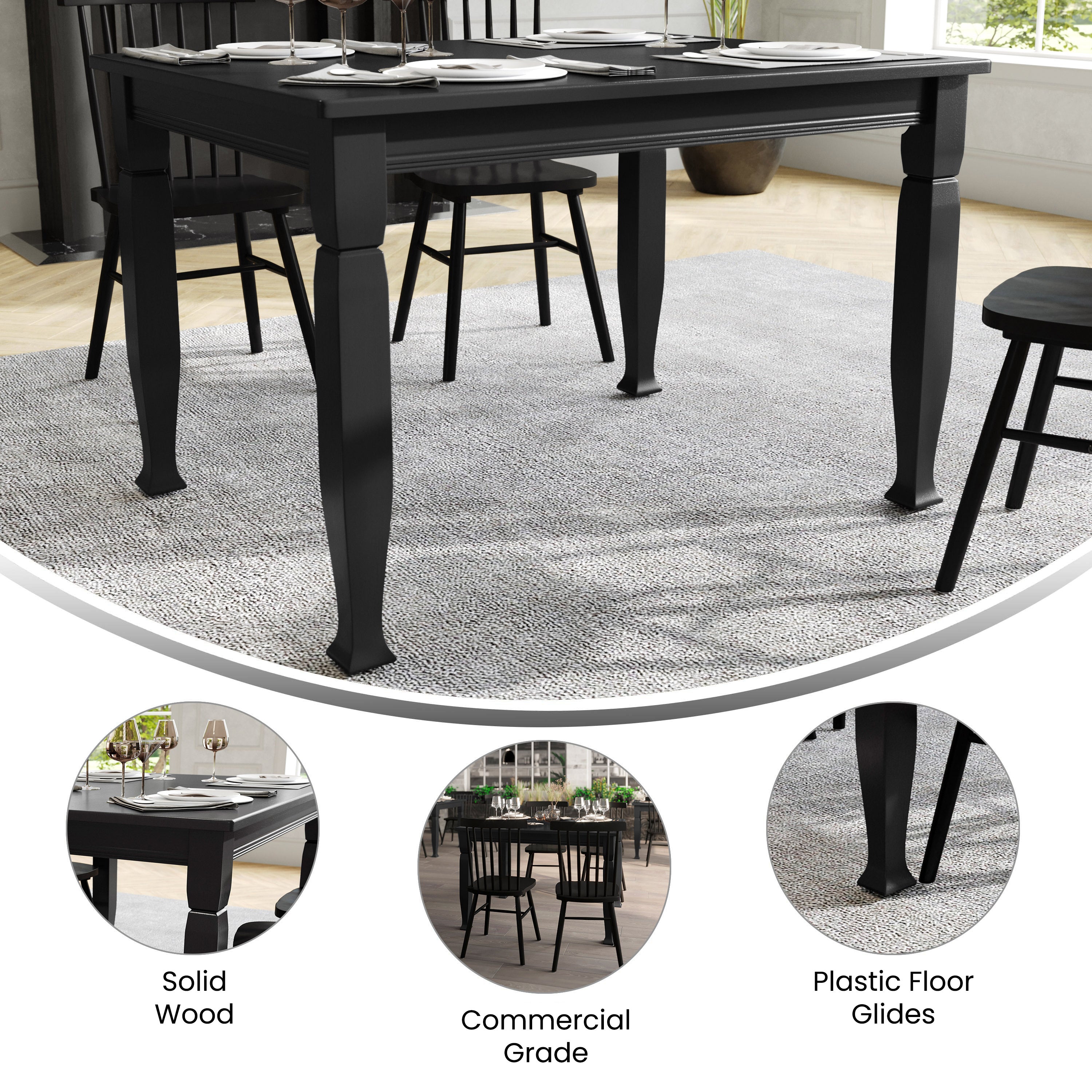 Grace Solid Wood Dining Table with Turned Wooden Legs, Heavy Duty Rectangle Wood Table for 4
