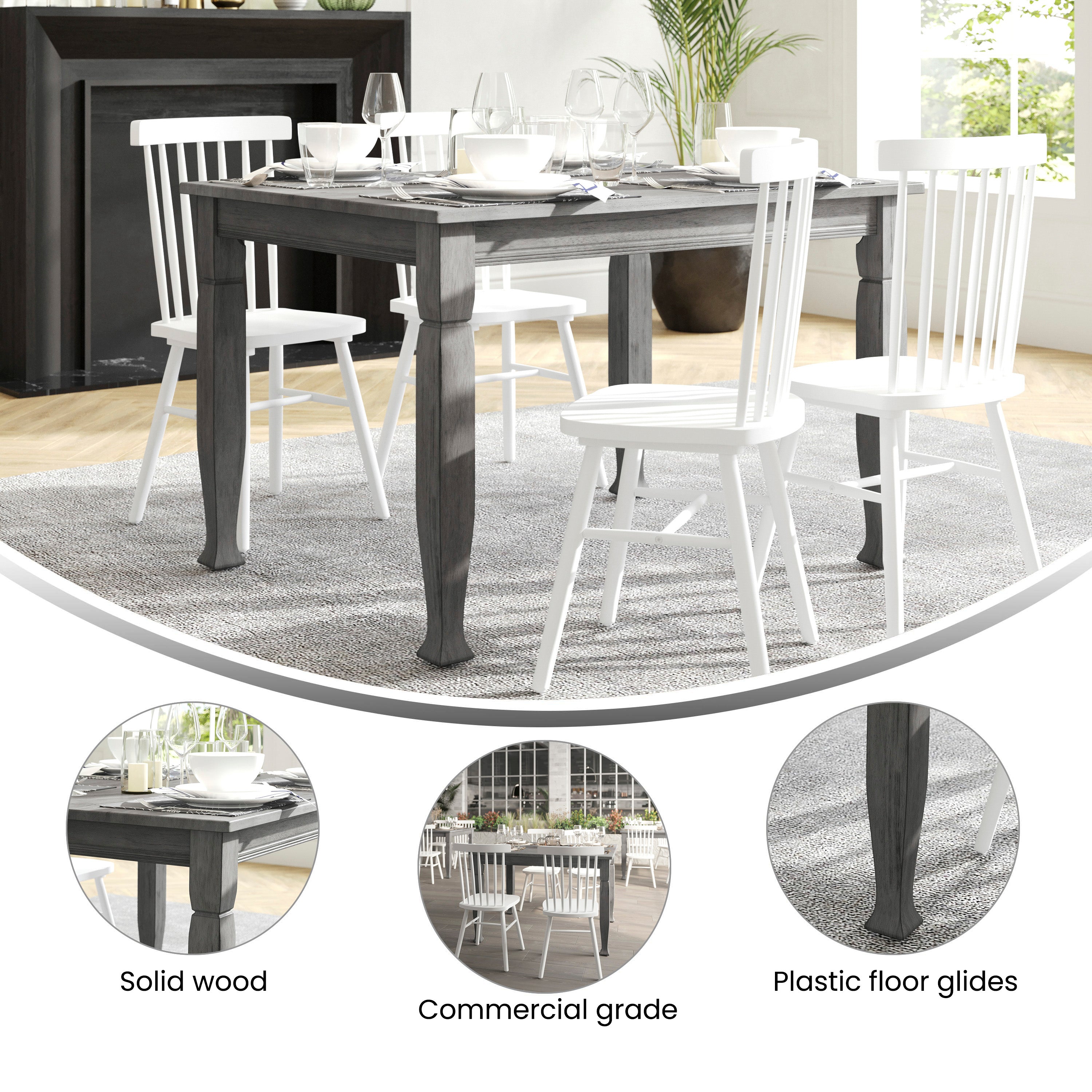 Grace Solid Wood Dining Table with Turned Wooden Legs, Heavy Duty Rectangle Wood Table for 4