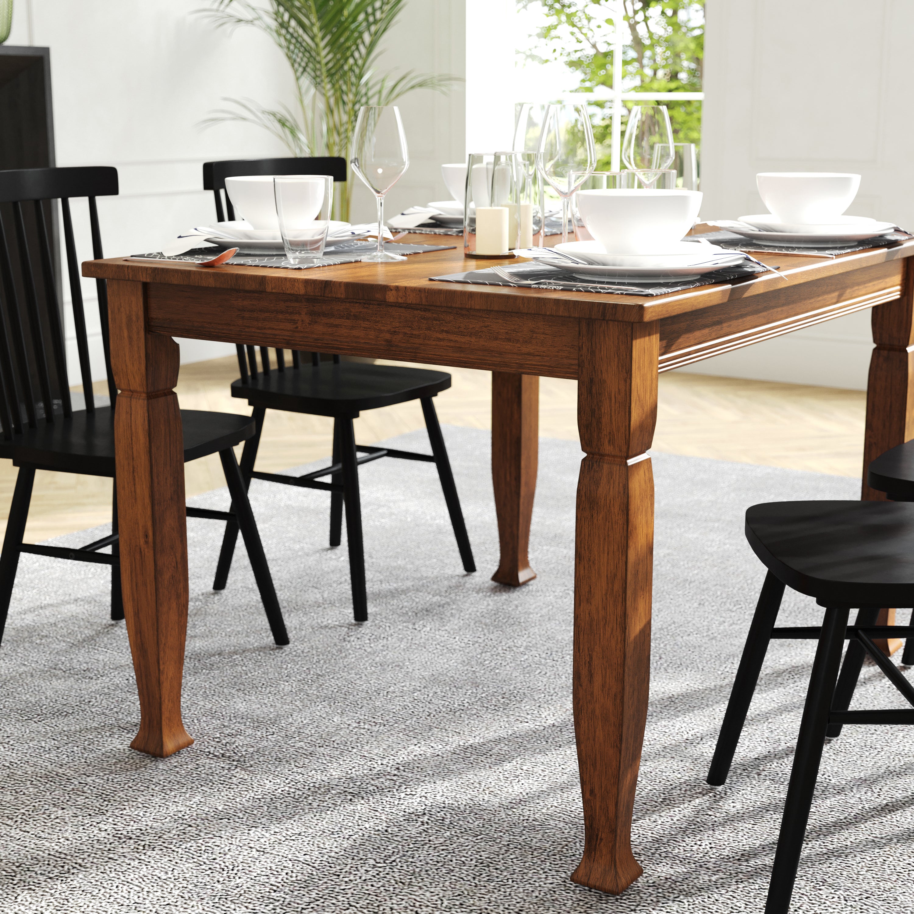 Grace Solid Wood Dining Table with Turned Wooden Legs, Heavy Duty Rectangle Wood Table for 4