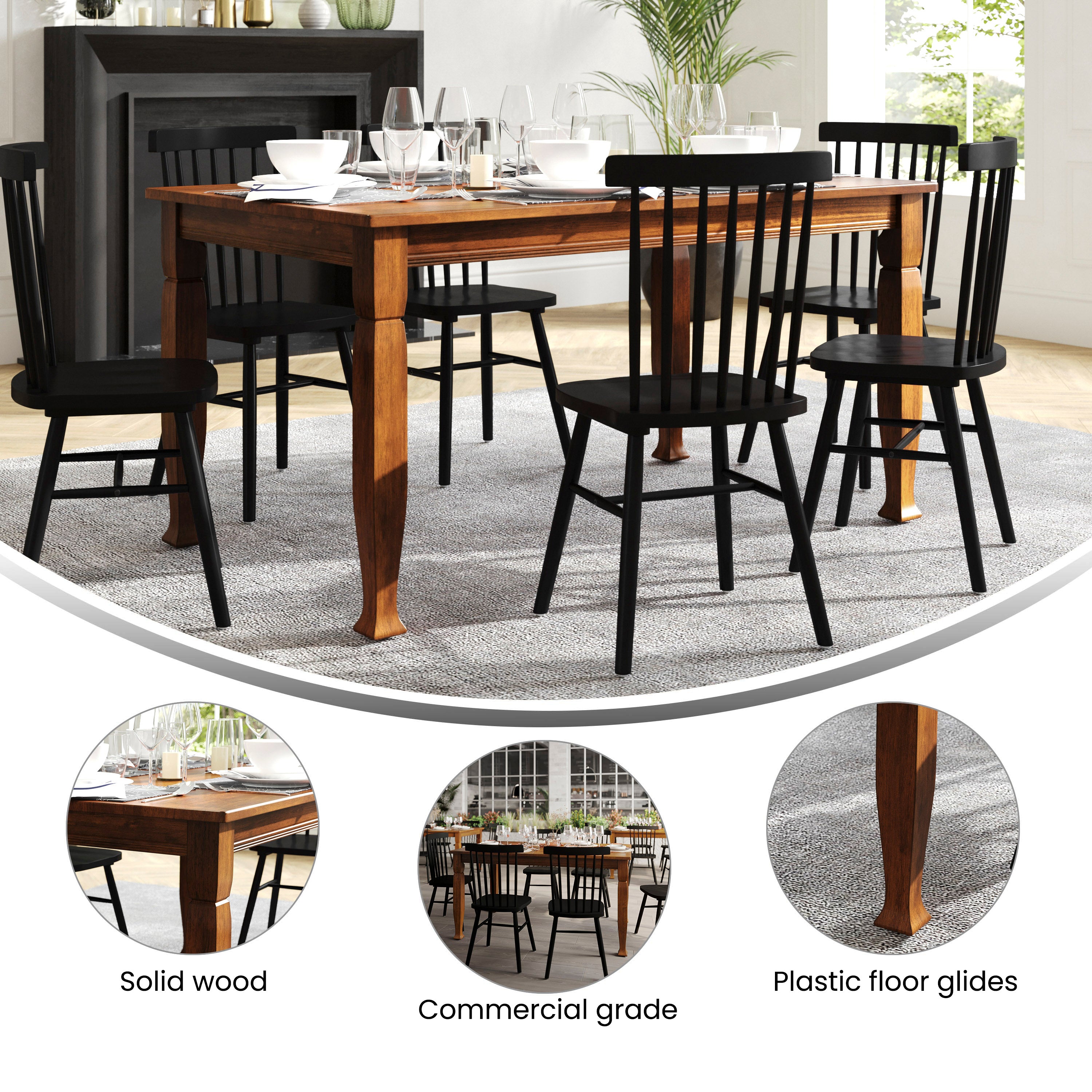 Grace Solid Wood Dining Table with Turned Wooden Legs, Heavy Duty Rectangle Wood Table for 6