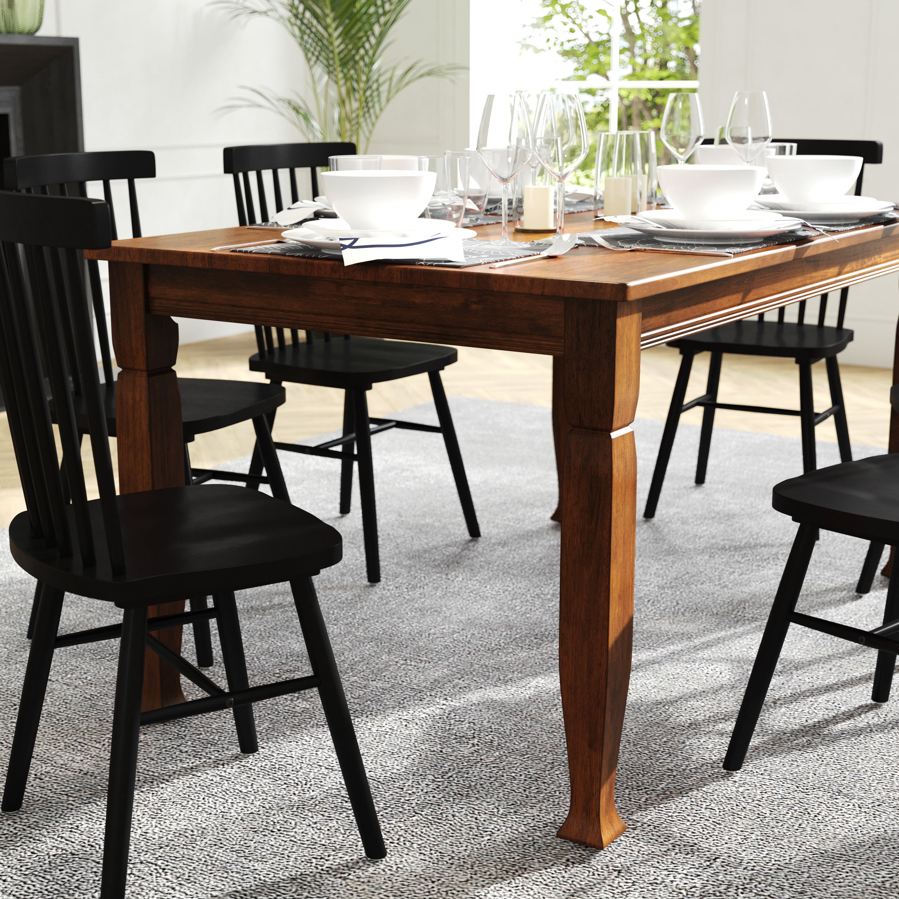 Grace Solid Wood Dining Table with Turned Wooden Legs, Heavy Duty Rectangle Wood Table for 6
