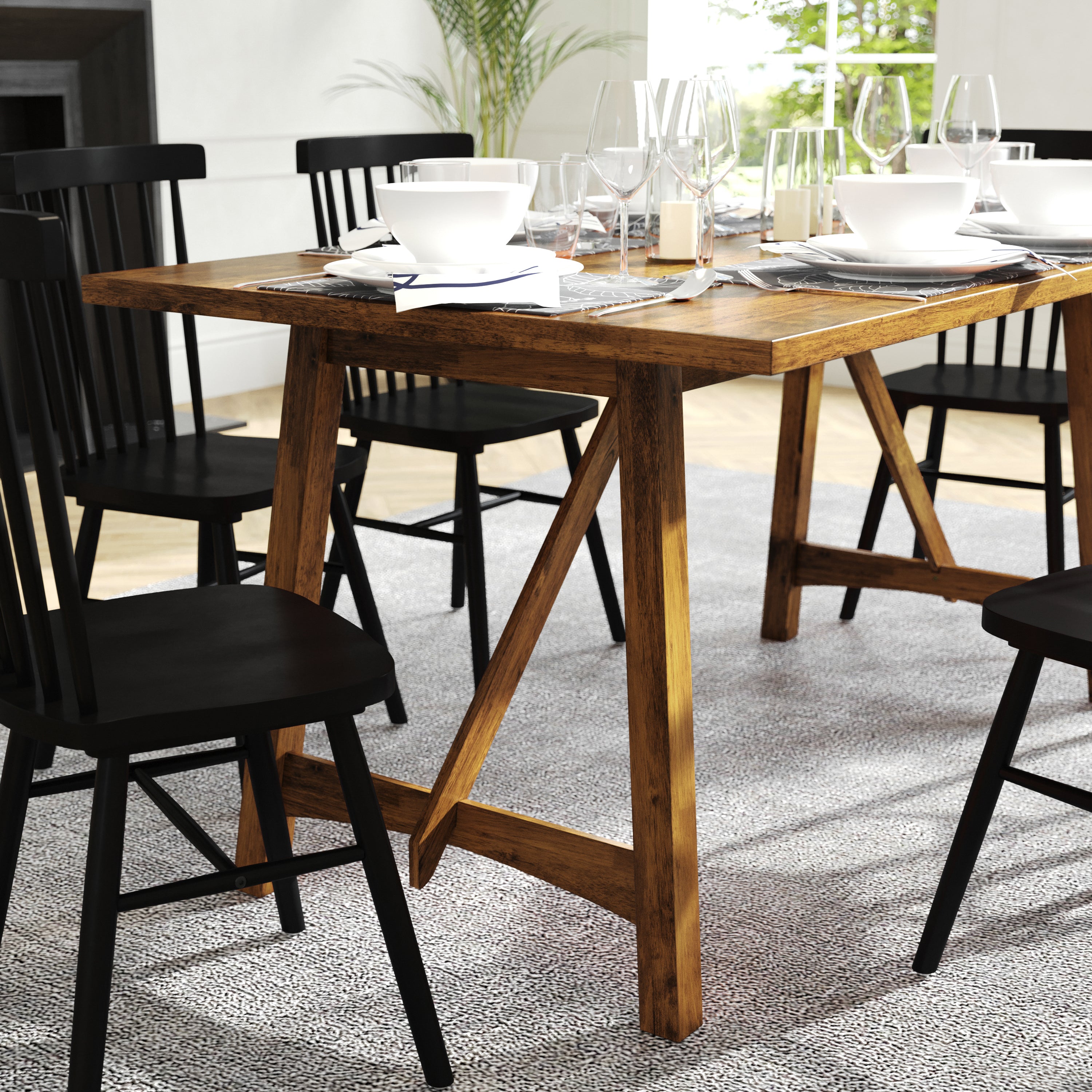Everly Solid Wood Trestle Base Dining Table, Farmhouse Style Table with Seating for 6