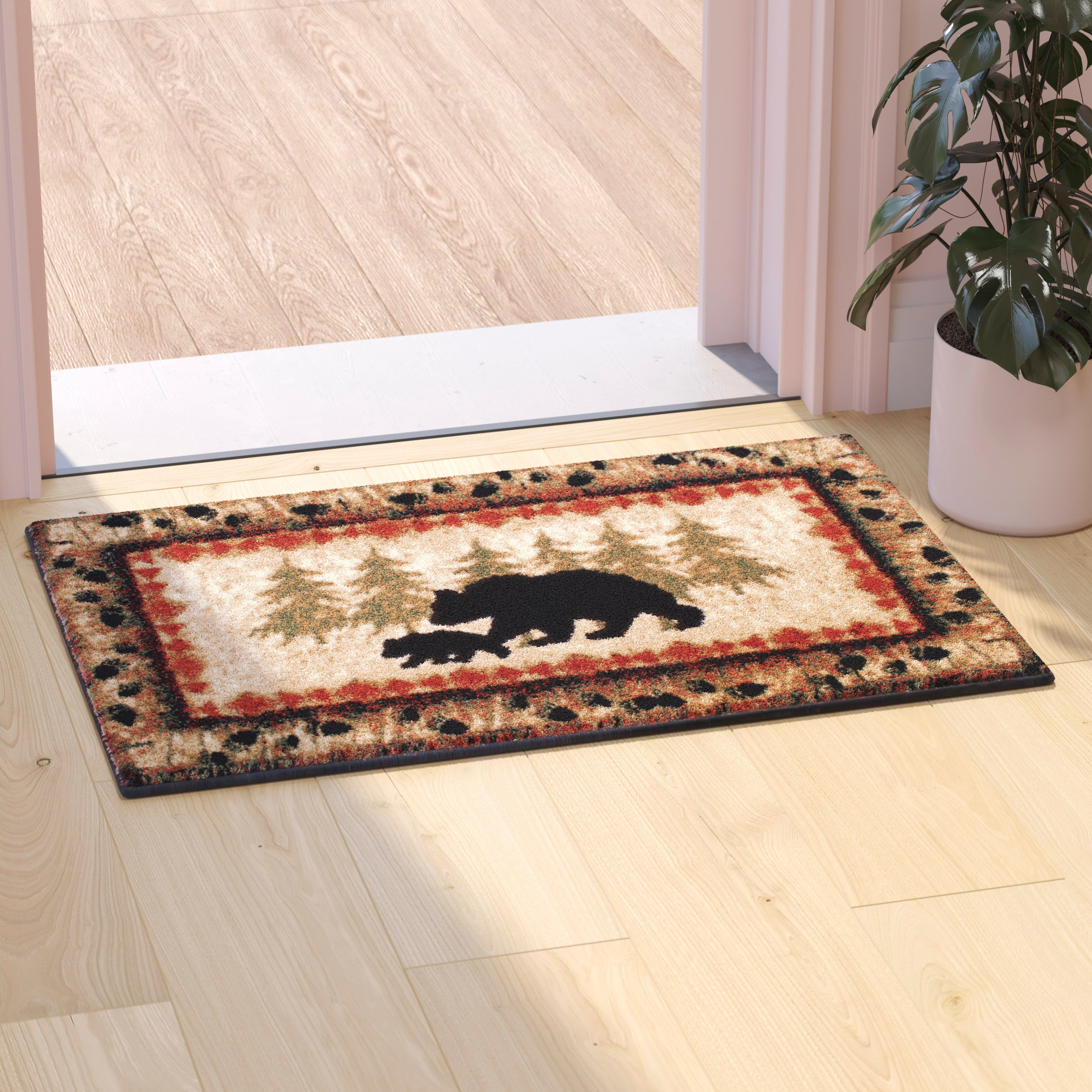 Ursus Collection Rustic Lodge Wandering Black Bear and Cub Area Rug with Jute Backing-Indoor Area Rug-Flash Furniture-Wall2Wall Furnishings