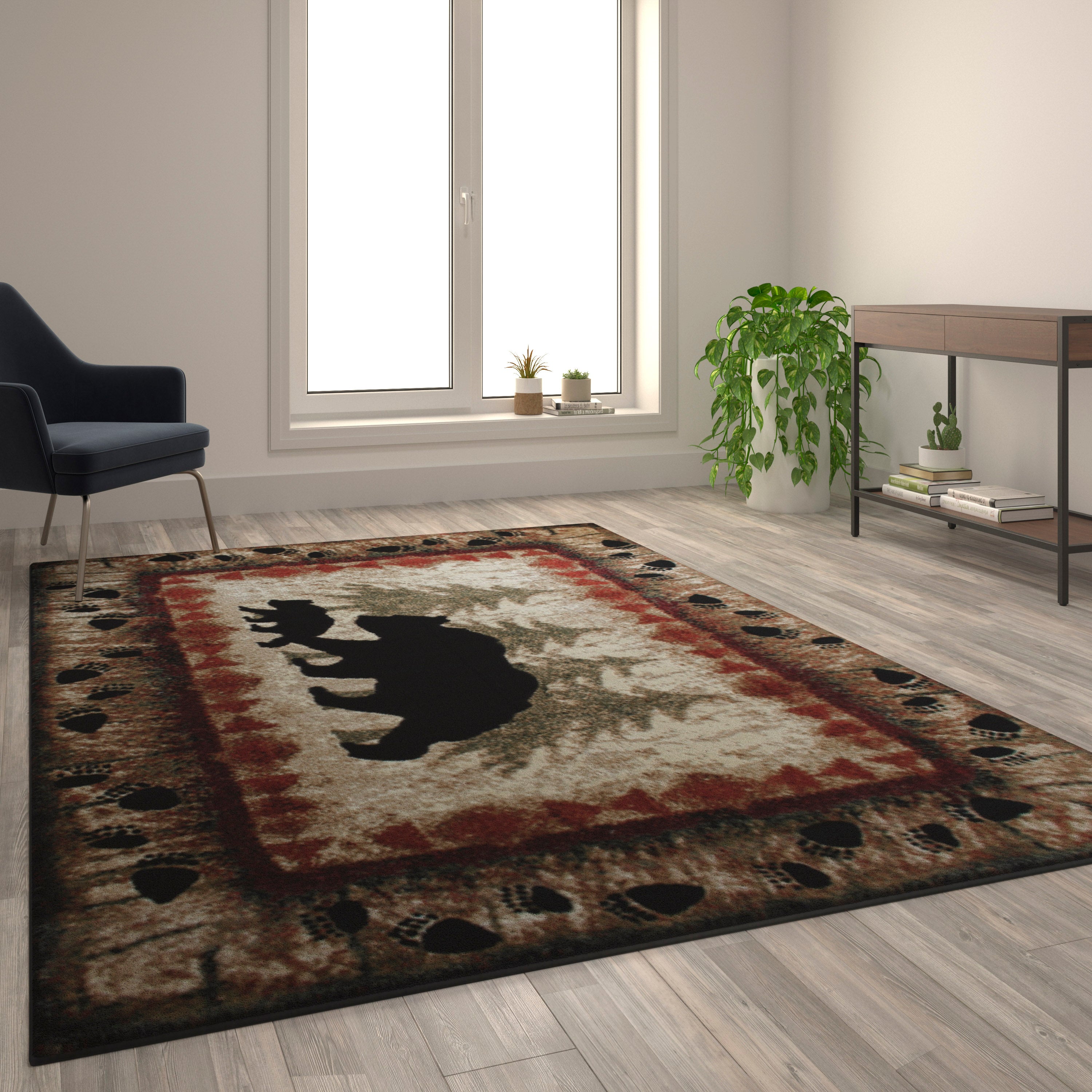 Ursus Collection Rustic Lodge Wandering Black Bear and Cub Area Rug with Jute Backing-Area Rug-Flash Furniture-Wall2Wall Furnishings