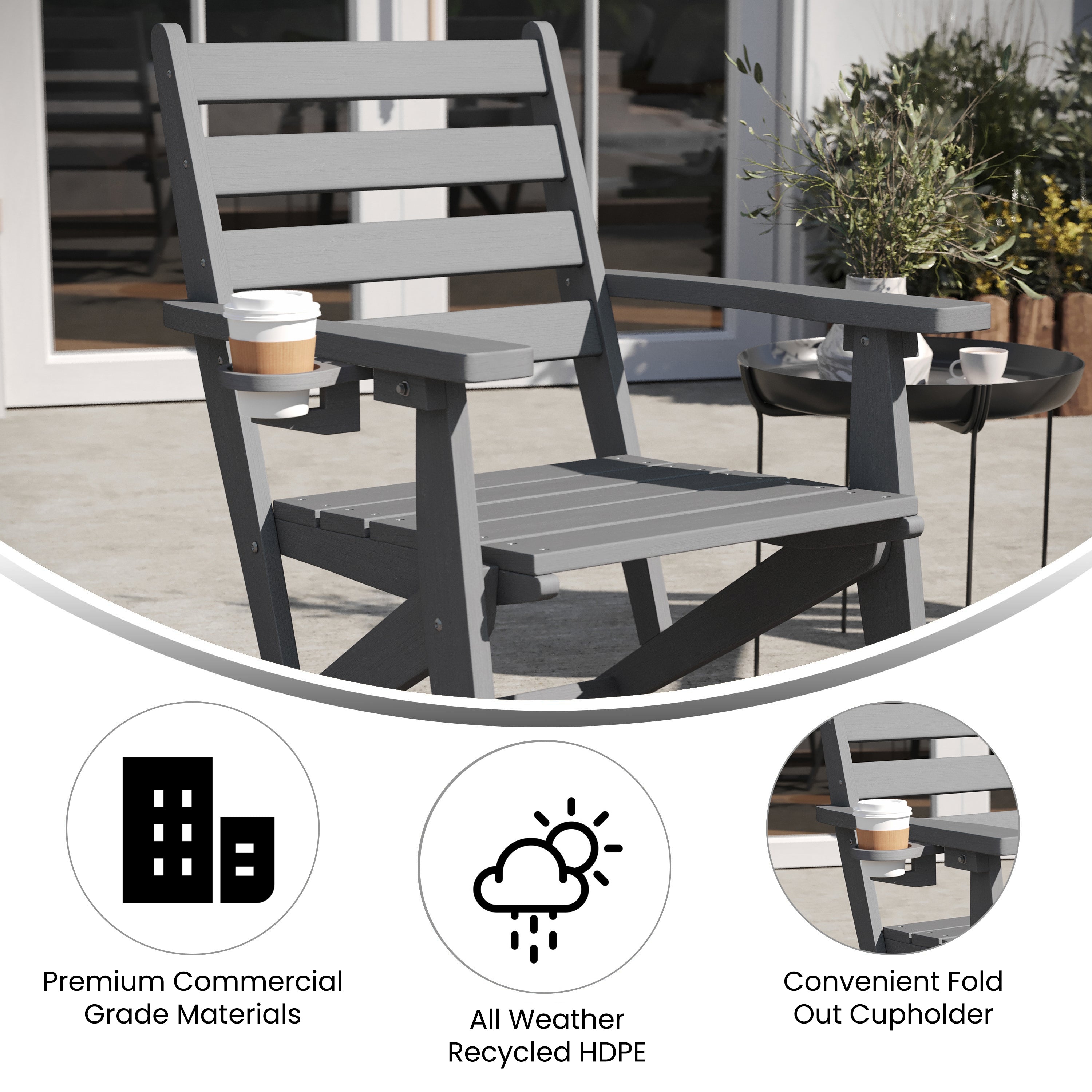 Tolleson Adirondack Dining Chair with Fold Out Cup Holder, Weather Resistant Recycled HDPE Adirondack Chair