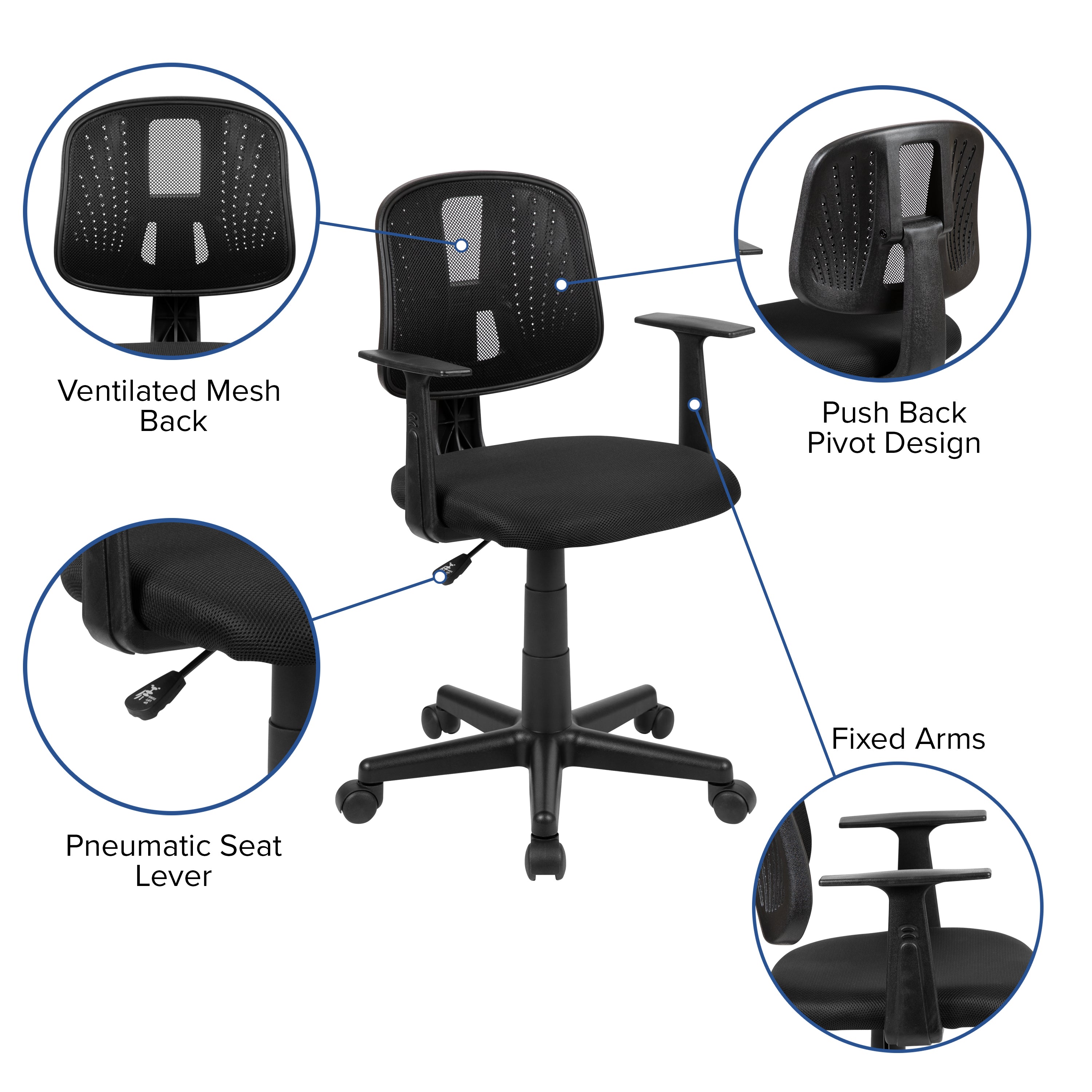 Flash Fundamentals Mid-Back Mesh Swivel Task Office Chair with Pivot Back and Arms-Mesh Task Office Chair-Flash Furniture-Wall2Wall Furnishings