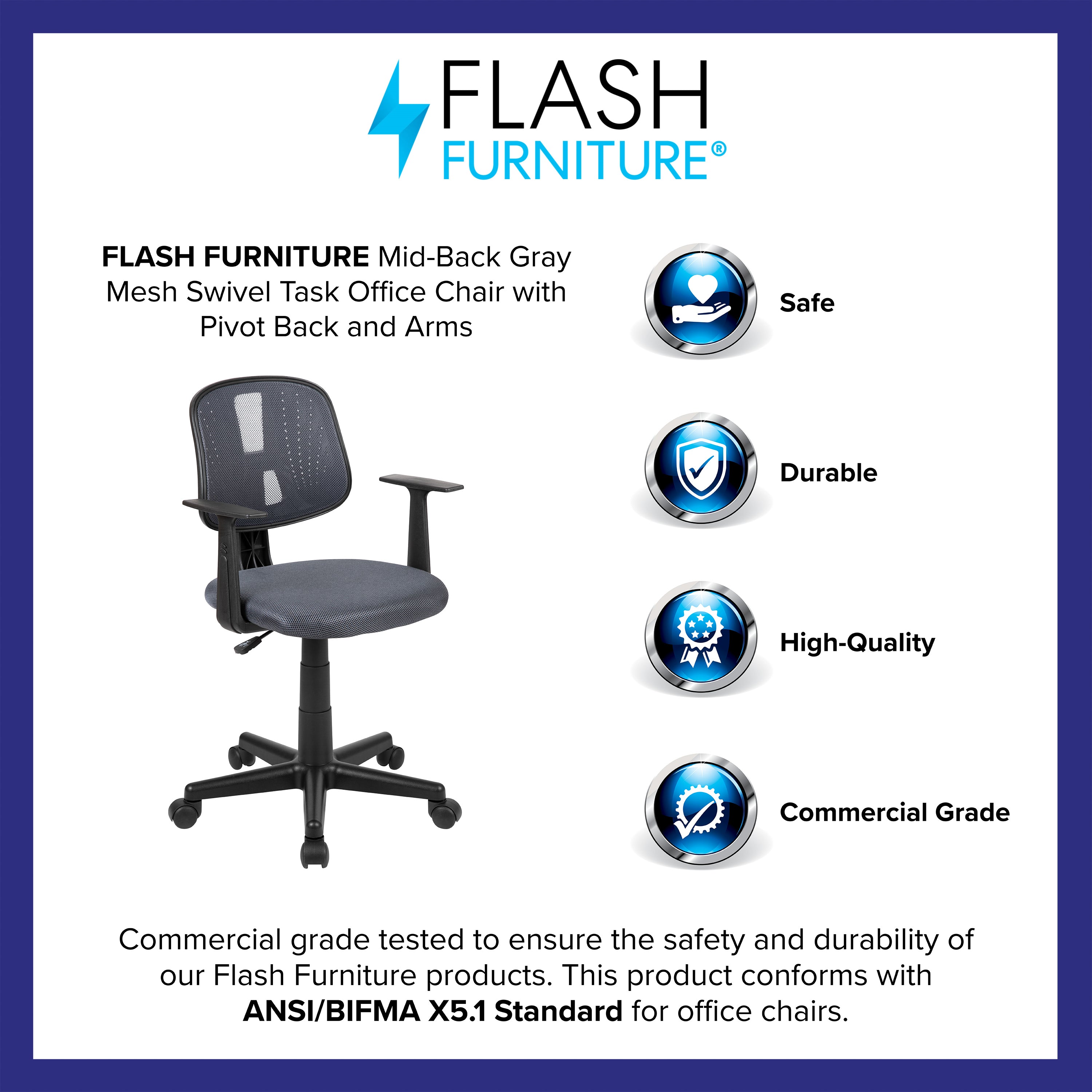 Flash Fundamentals Mid-Back Mesh Swivel Task Office Chair with Pivot Back and Arms