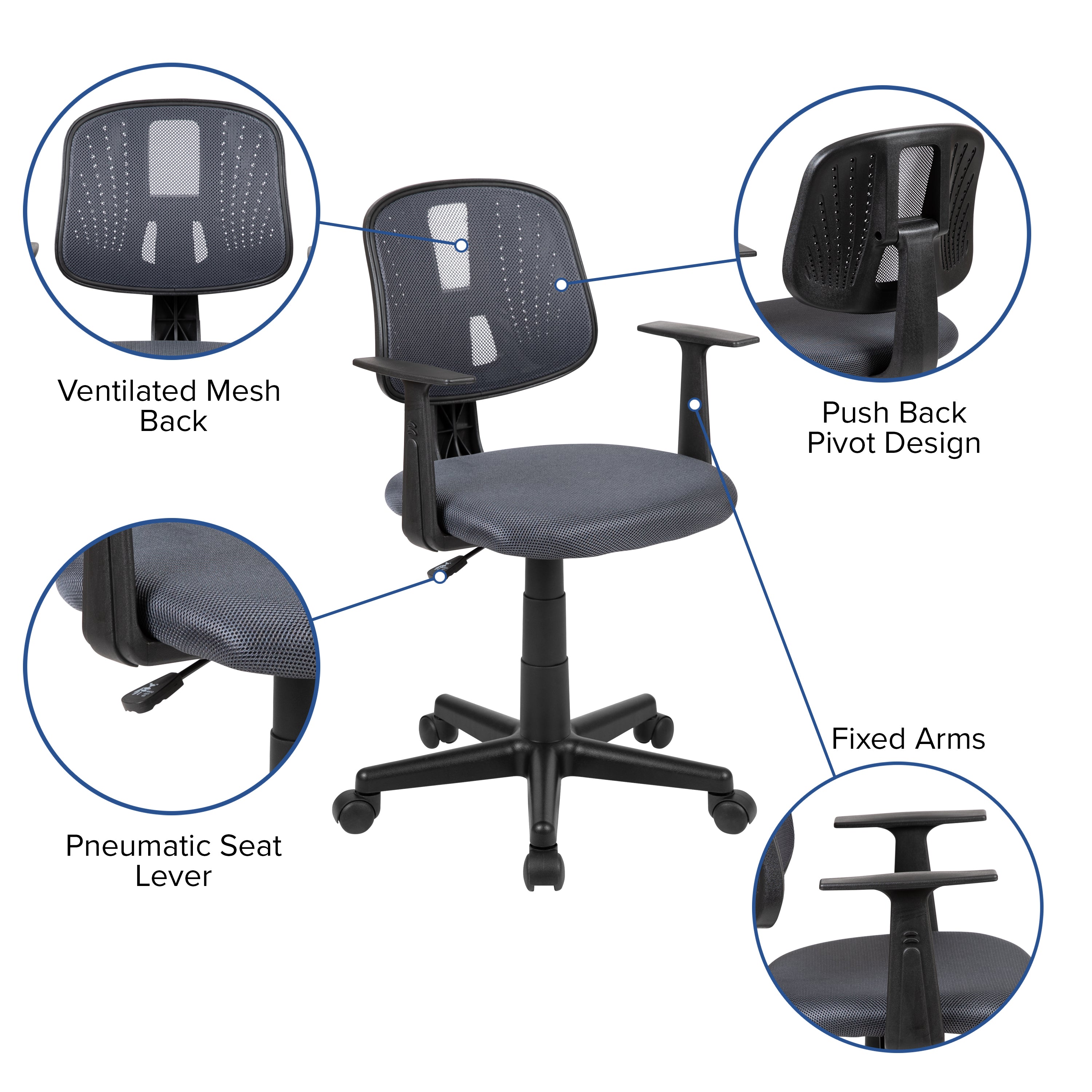Flash Fundamentals Mid-Back Mesh Swivel Task Office Chair with Pivot Back and Arms-Mesh Task Office Chair-Flash Furniture-Wall2Wall Furnishings