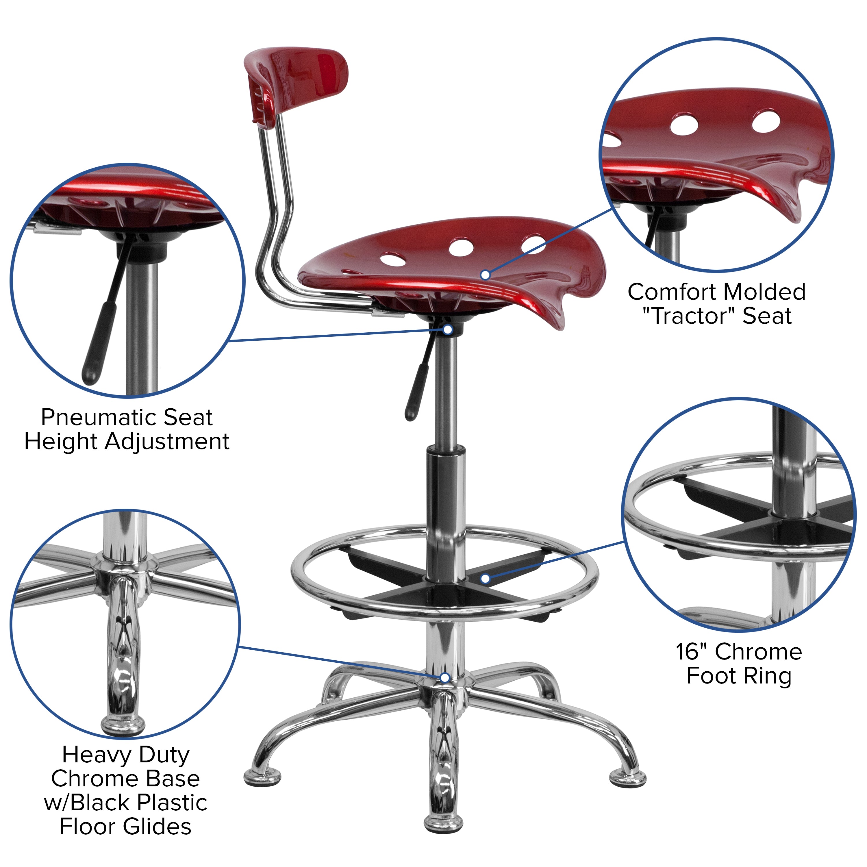 Vibrant Chrome Drafting Stool with Tractor Seat-Office Chair-Flash Furniture-Wall2Wall Furnishings