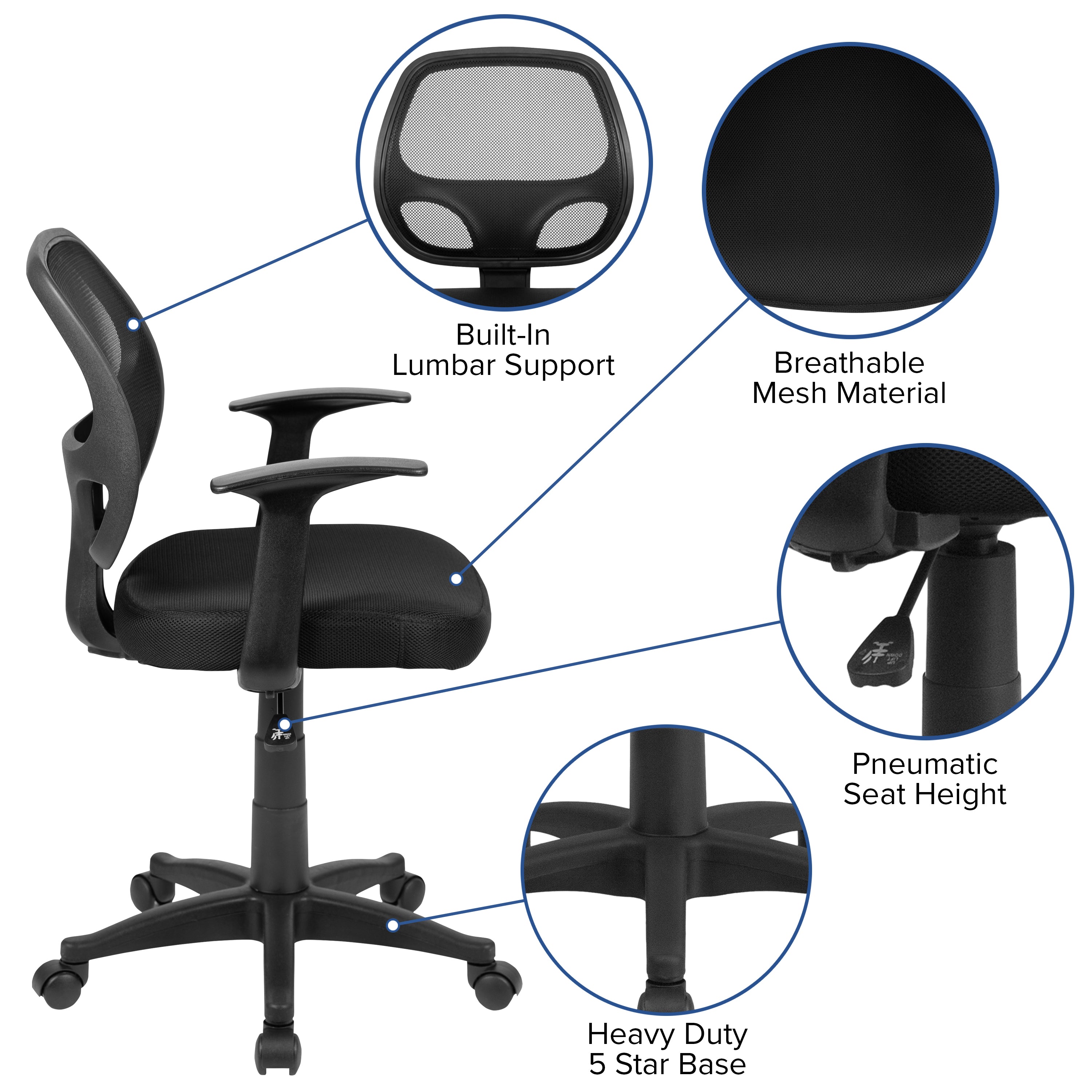 Mid-Back Mesh Swivel Task Office Chair with T-Arms