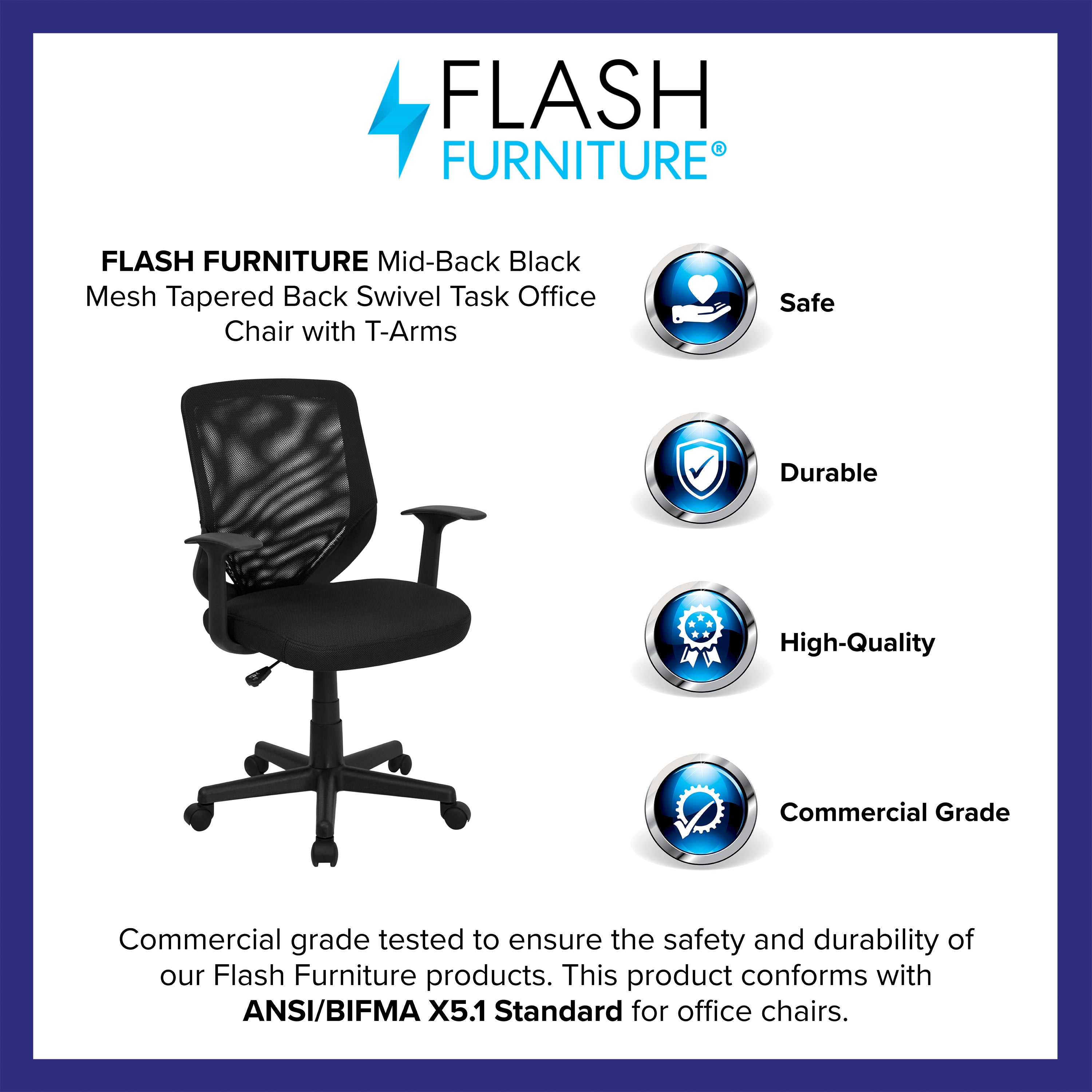 Mid-Back Mesh Tapered Back Swivel Task Office Chair with T-Arms