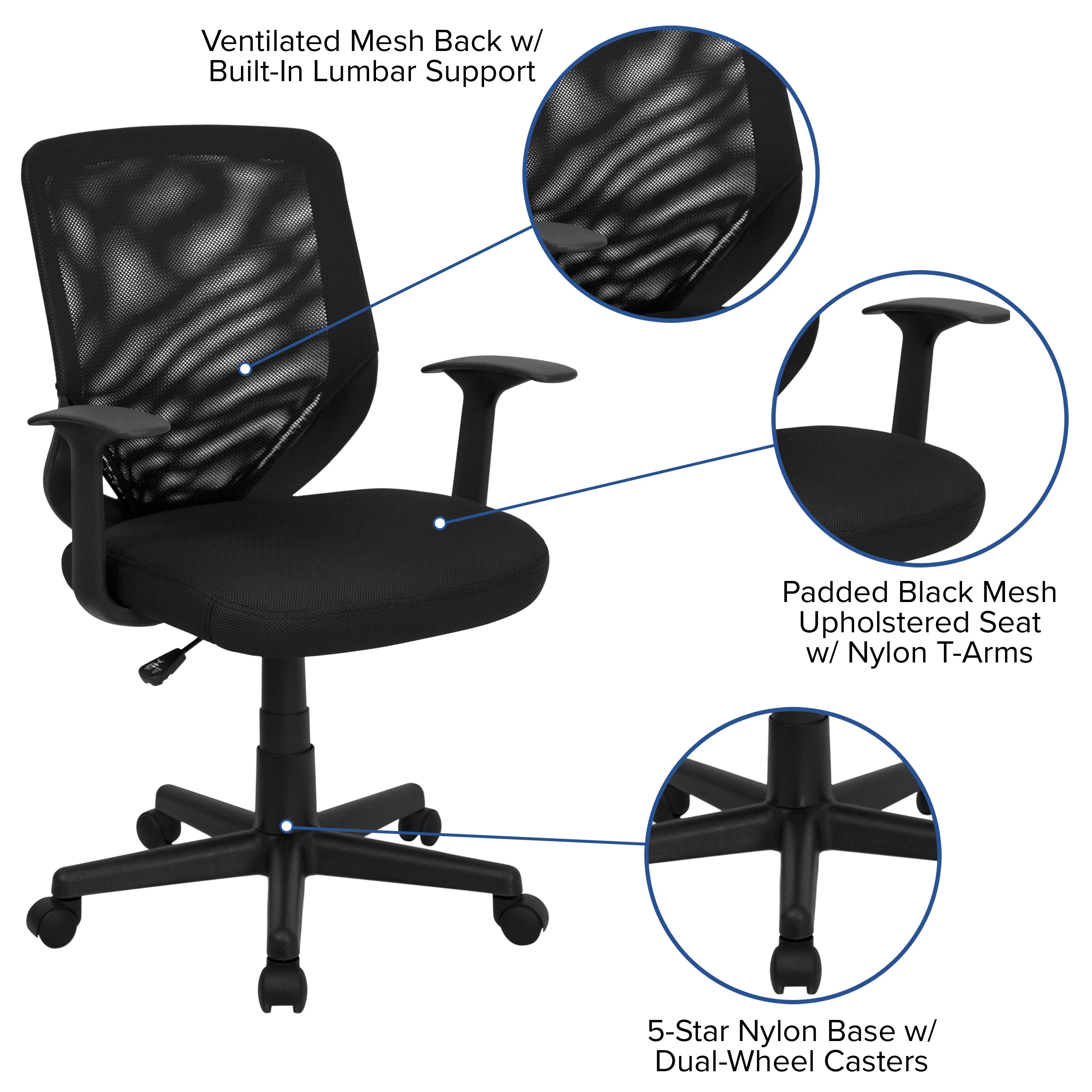 Mid-Back Mesh Tapered Back Swivel Task Office Chair with T-Arms