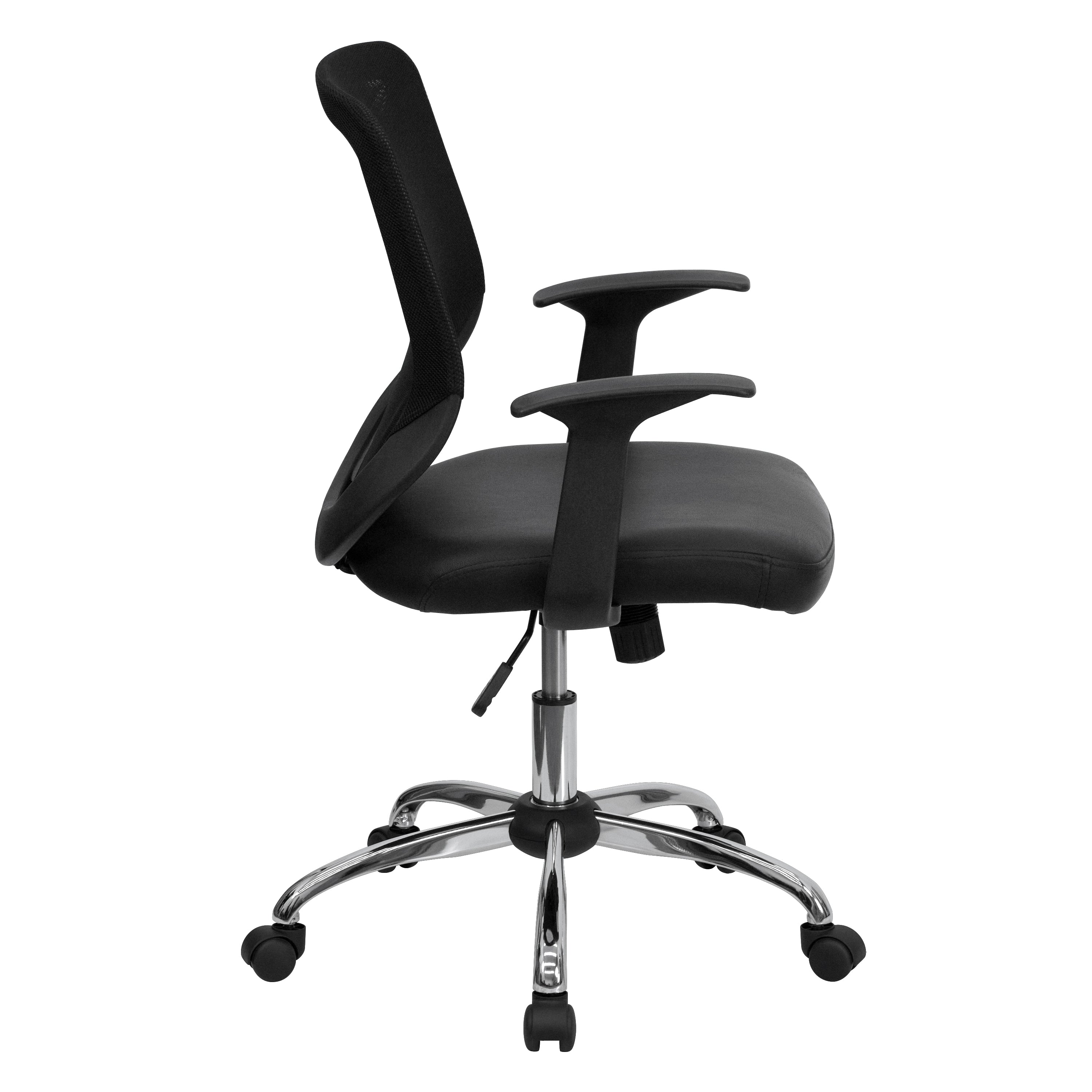 Mid-Back Mesh Tapered Back Swivel Task Office Chair with LeatherSoft Seat, Chrome Base and T-Arms-Office Chair-Flash Furniture-Wall2Wall Furnishings