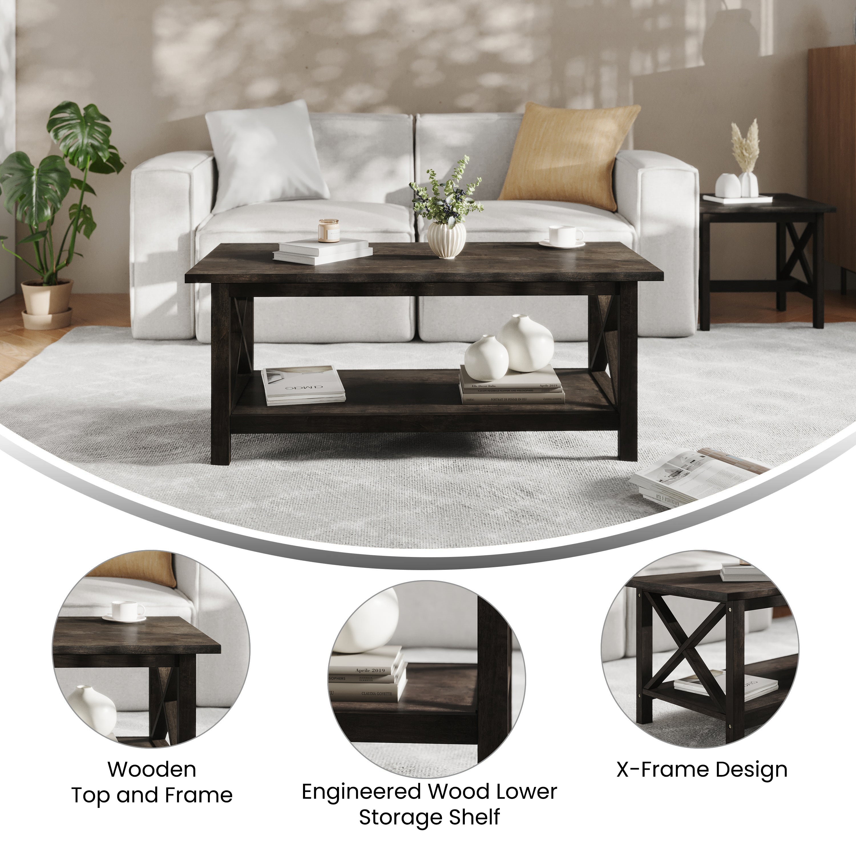Jasper Farmhouse Style Solid Wood Coffee Table with Traditional Crisscross Accents