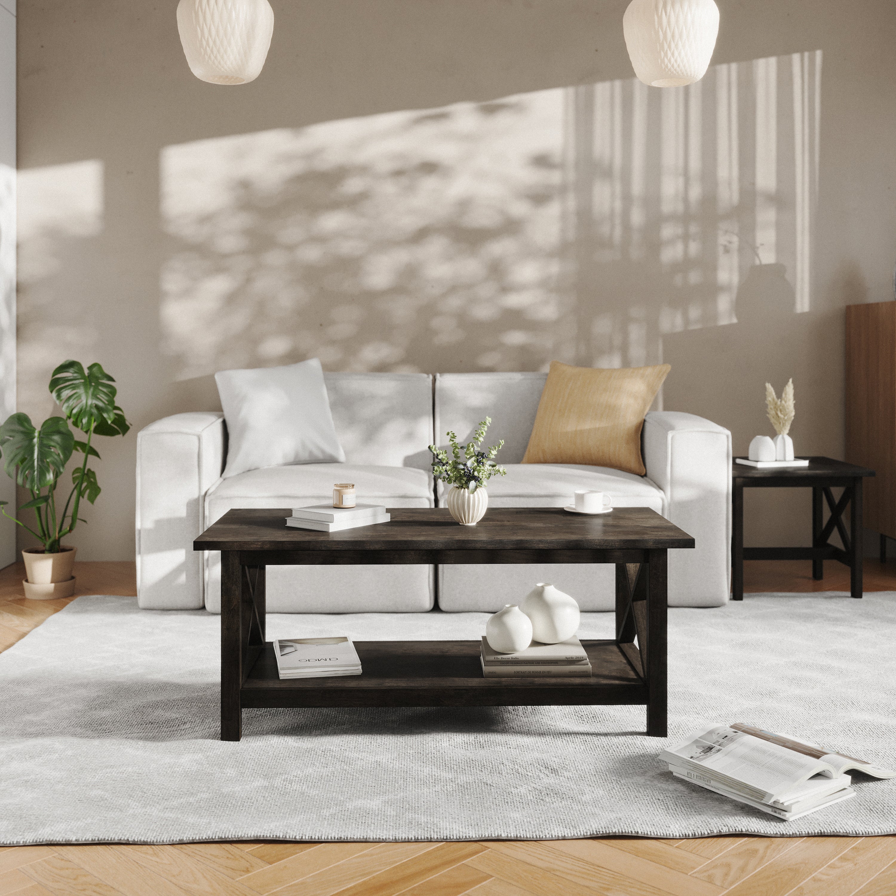 Jasper Farmhouse Style Solid Wood Coffee Table with Traditional Crisscross Accents