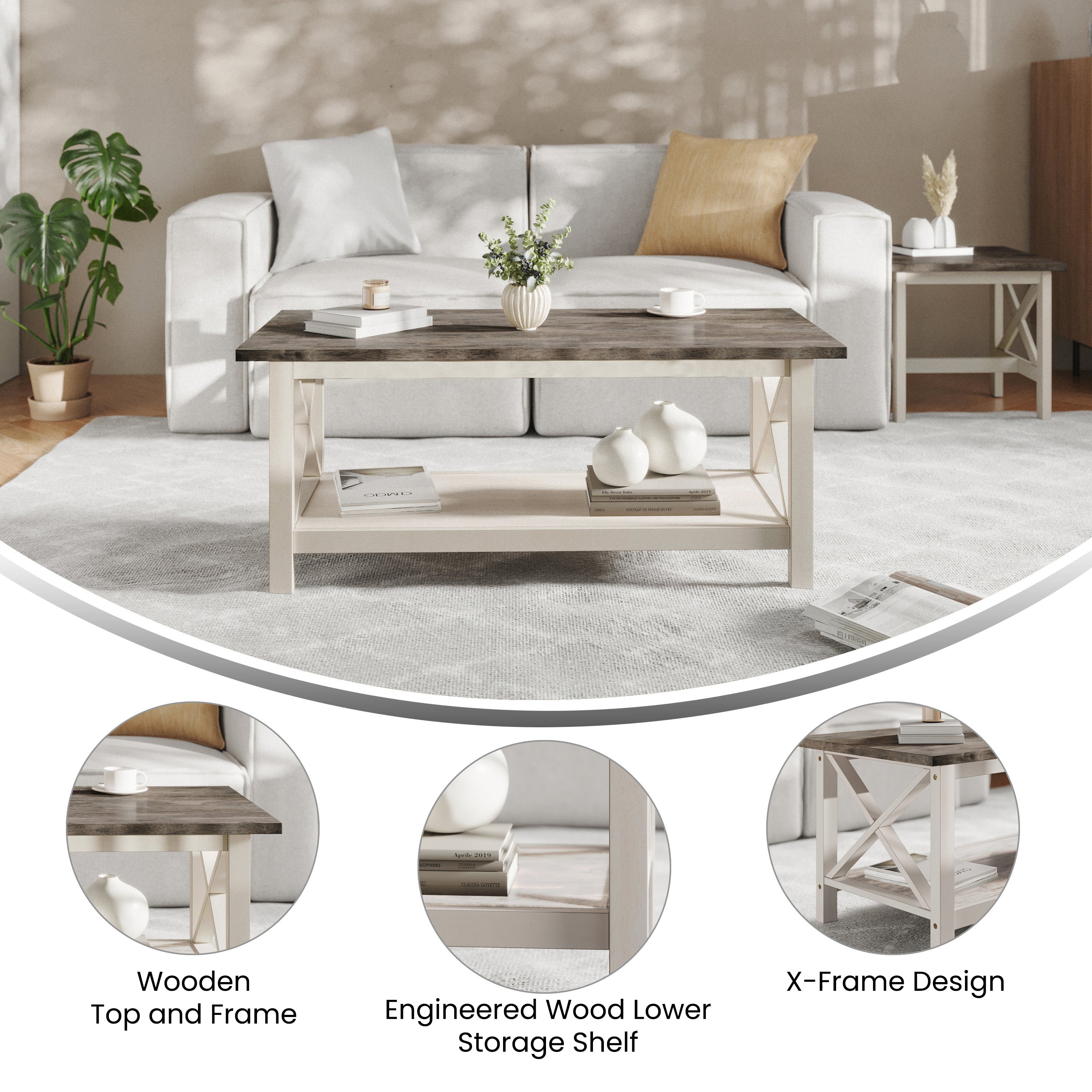 Jasper Farmhouse Style Solid Wood Coffee Table with Traditional Crisscross Accents