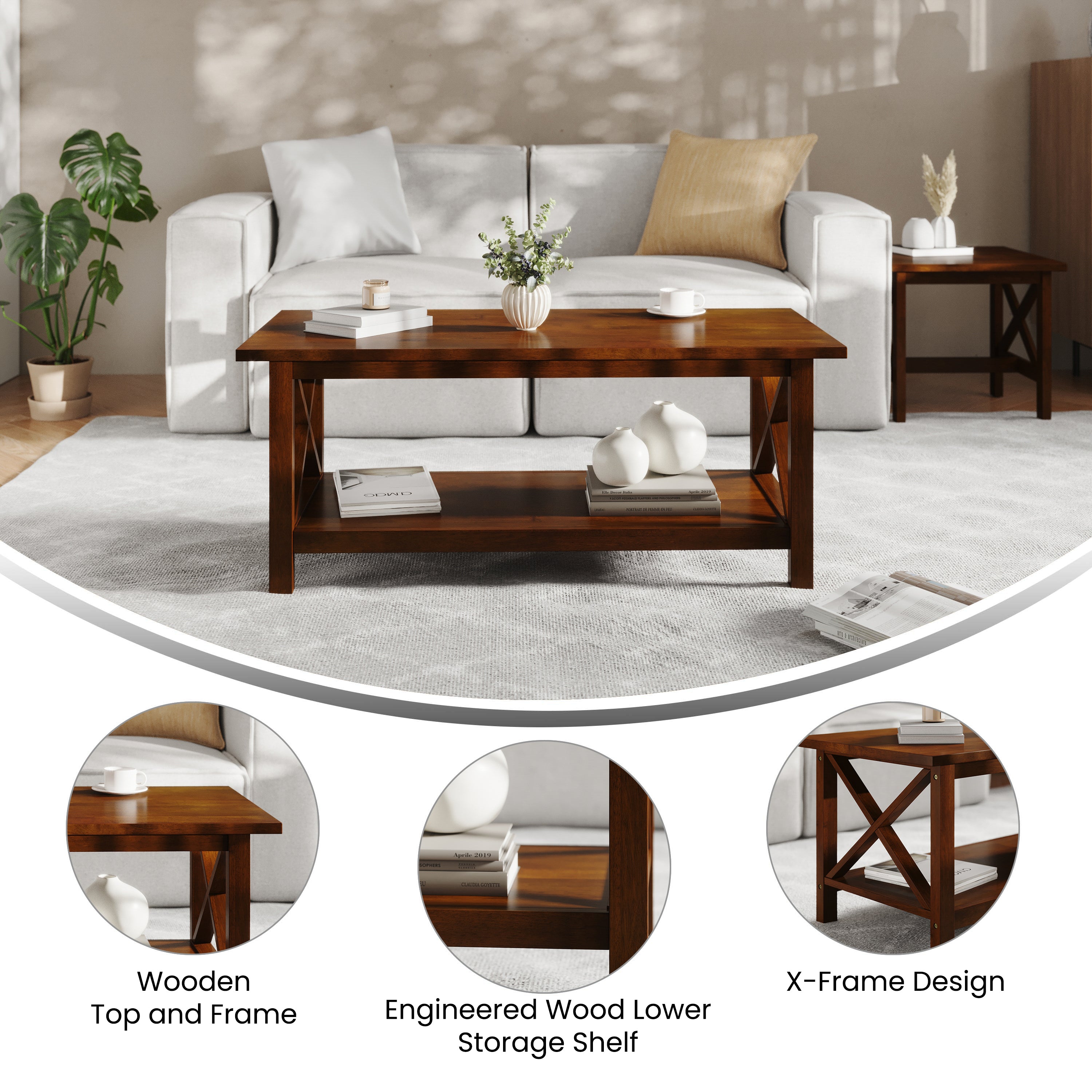 Jasper Farmhouse Style Solid Wood Coffee Table with Traditional Crisscross Accents