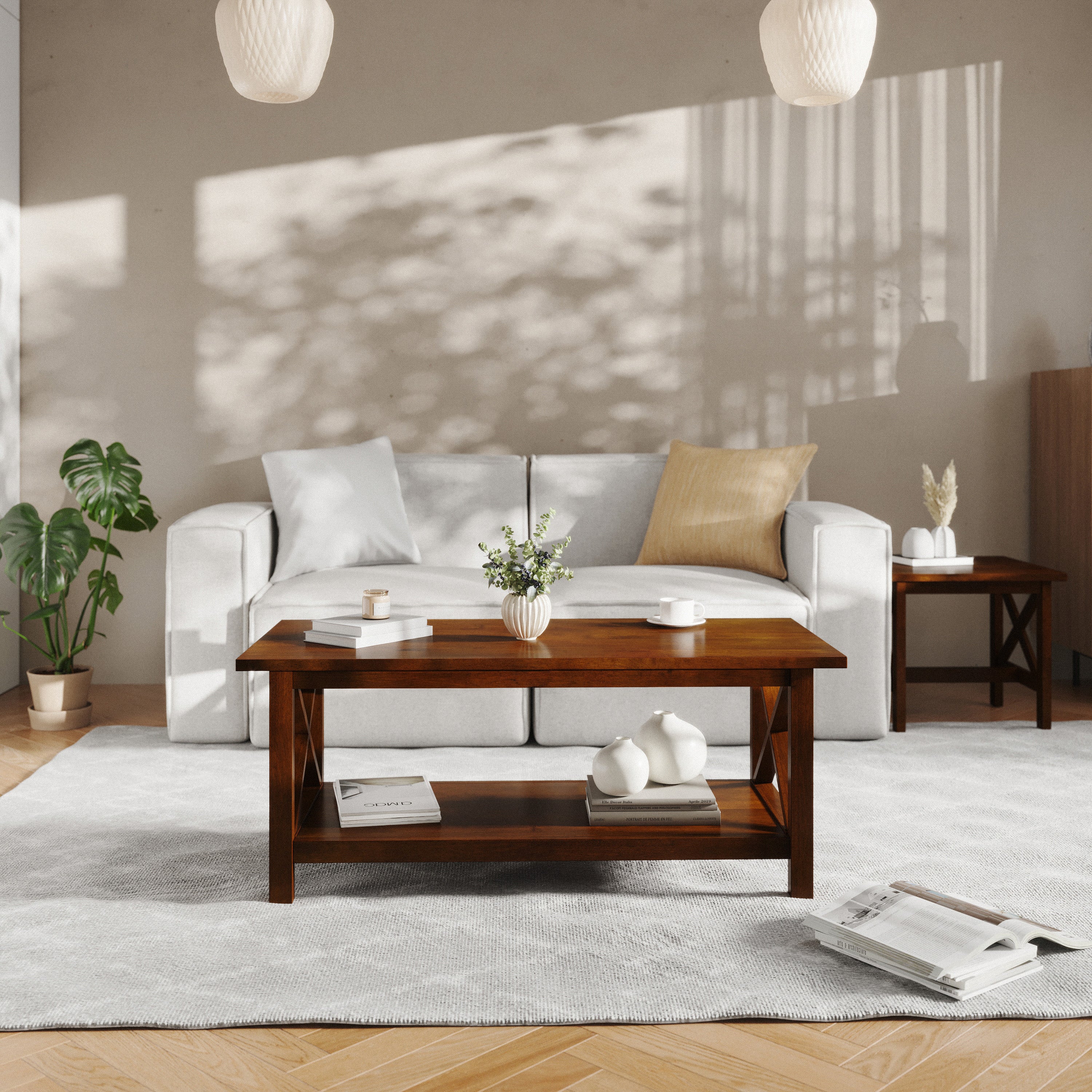 Jasper Farmhouse Style Solid Wood Coffee Table with Traditional Crisscross Accents
