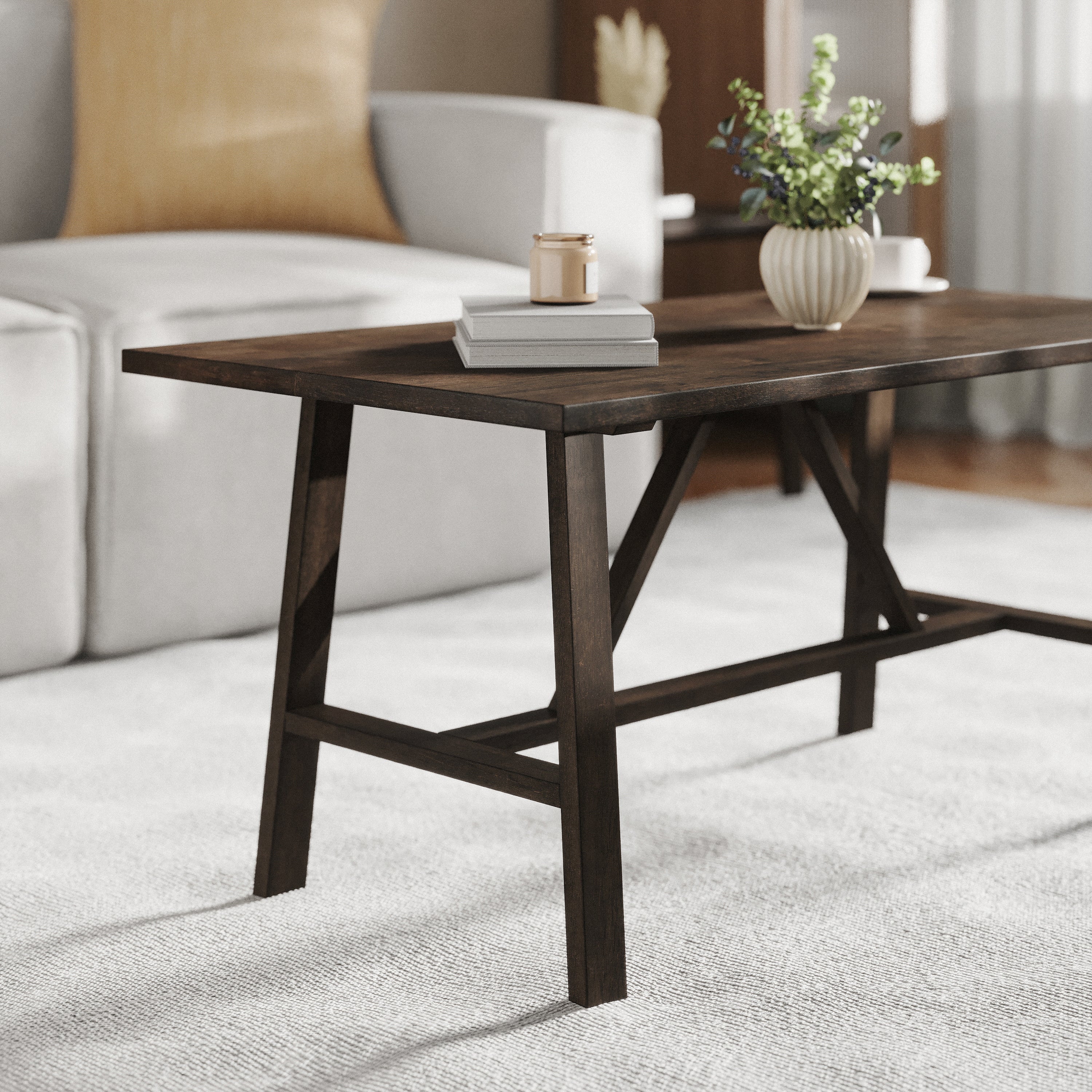 Eli Solid Wood Farmhouse Coffee Table, Trestle Style Accent Table