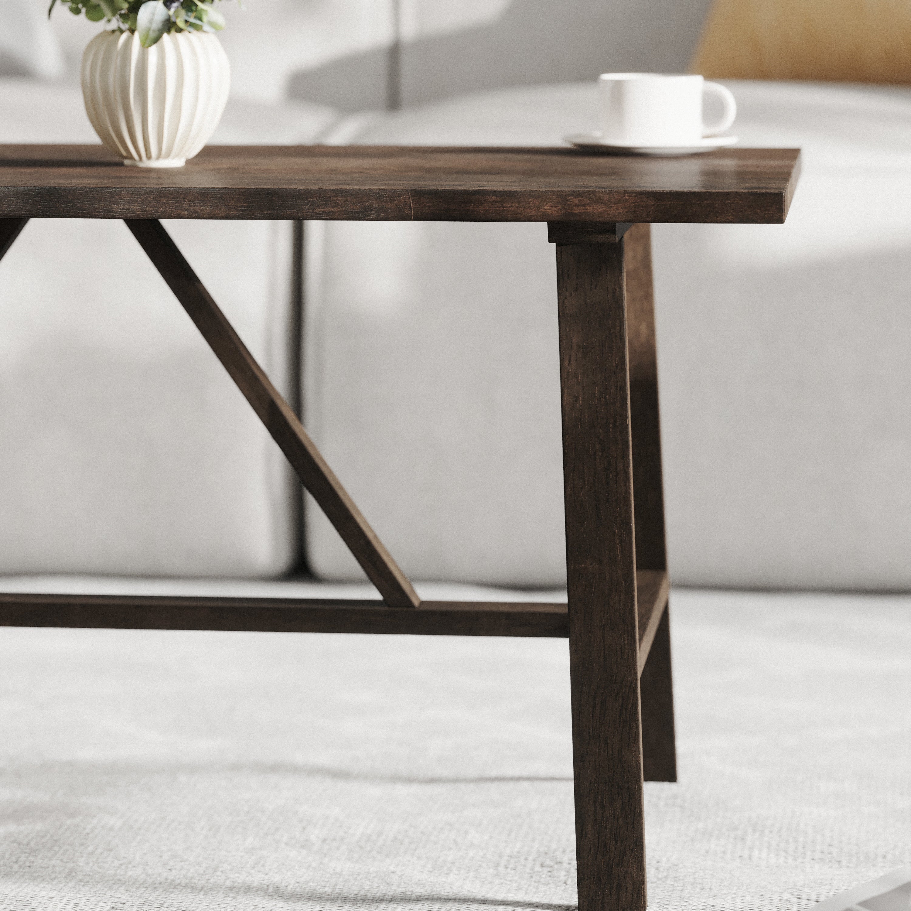 Eli Solid Wood Farmhouse Coffee Table, Trestle Style Accent Table