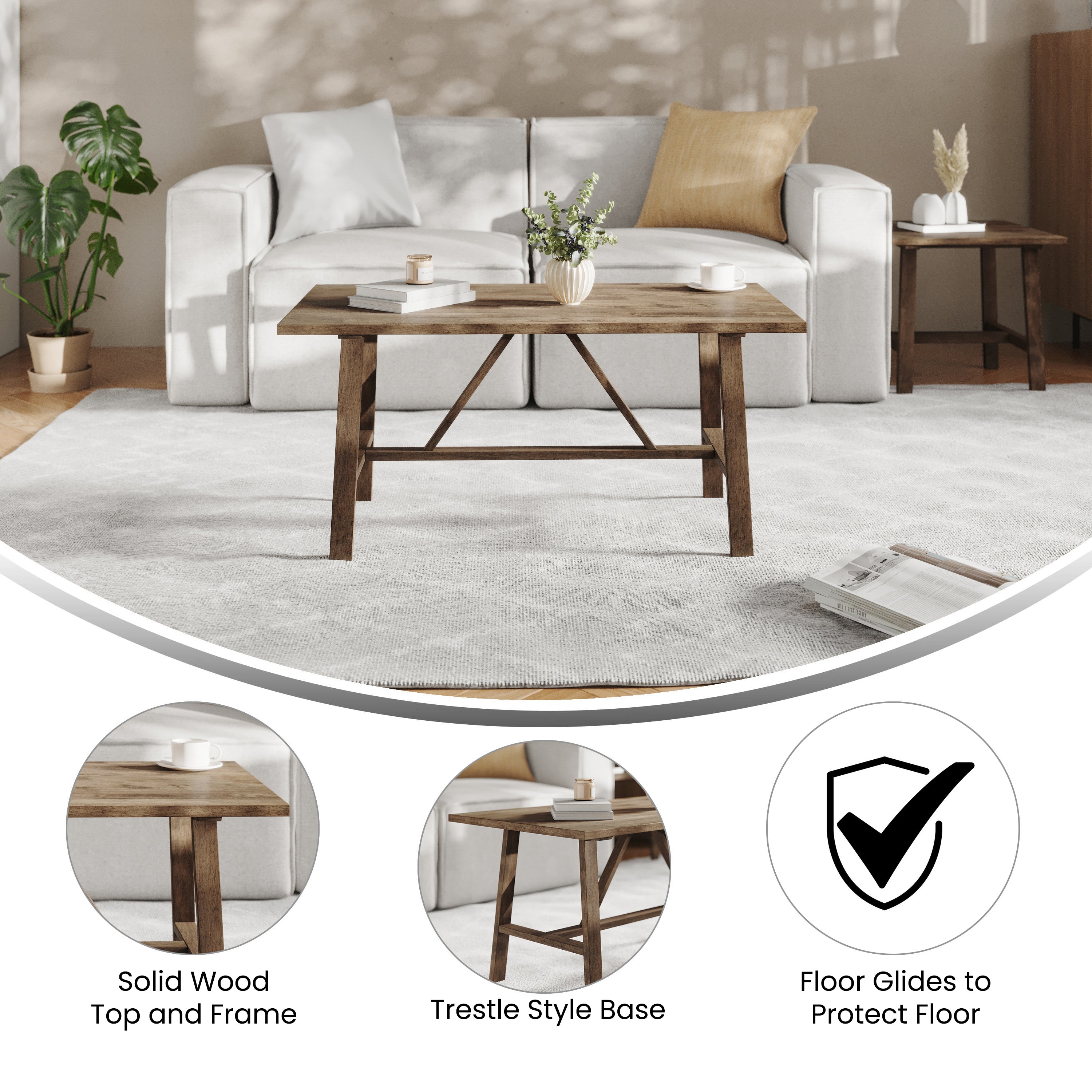 Eli Solid Wood Farmhouse Coffee Table, Trestle Style Accent Table