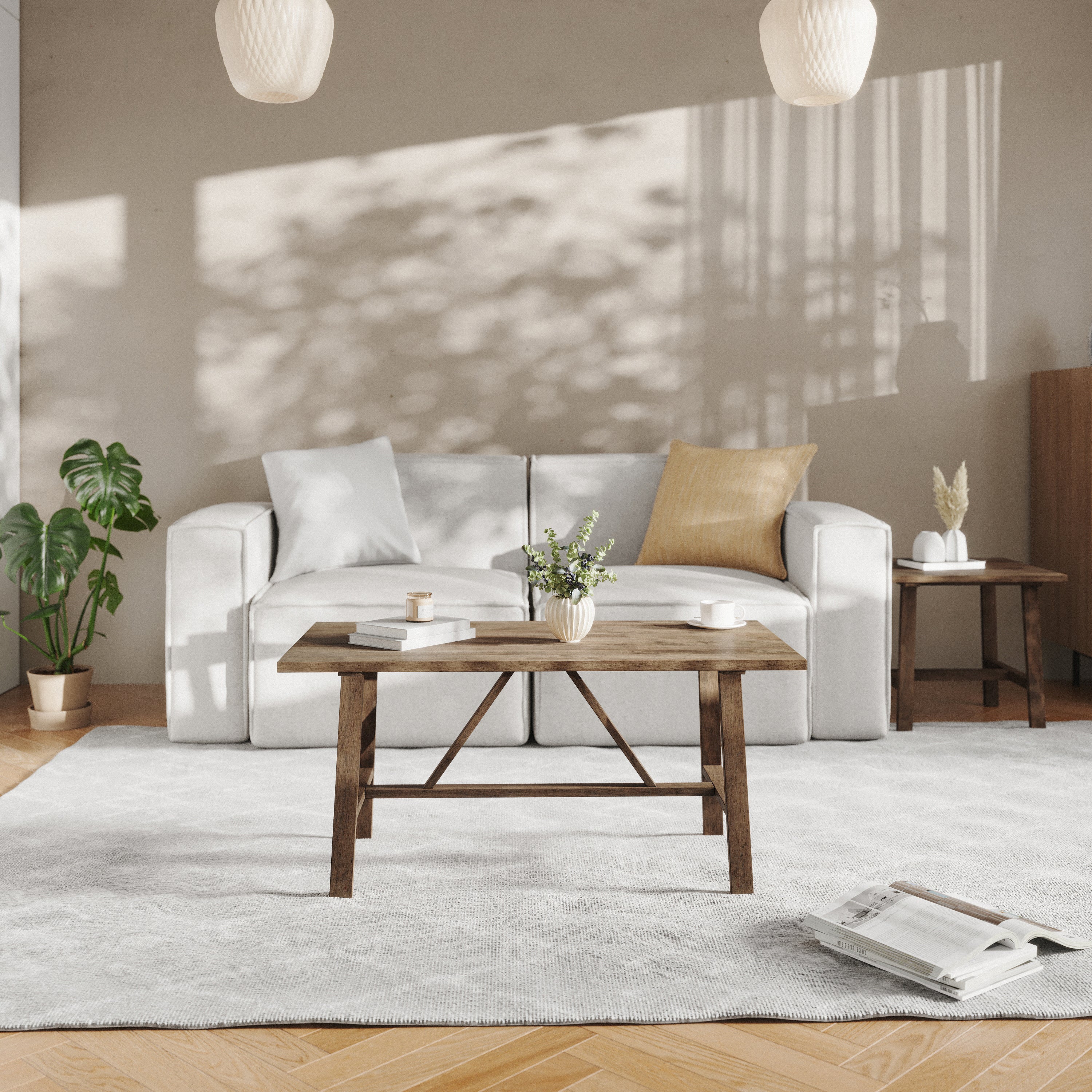 Eli Solid Wood Farmhouse Coffee Table, Trestle Style Accent Table