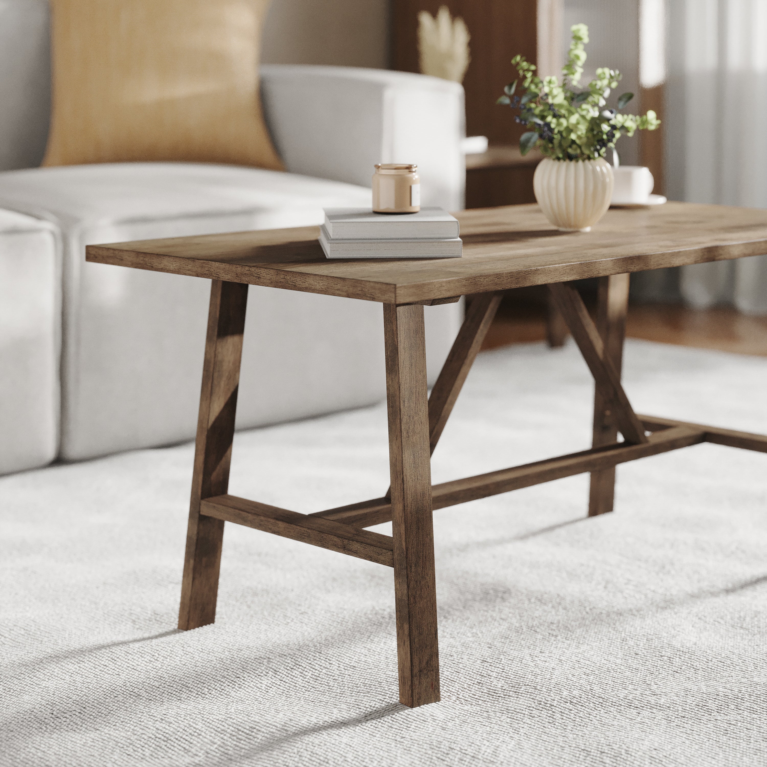Eli Solid Wood Farmhouse Coffee Table, Trestle Style Accent Table