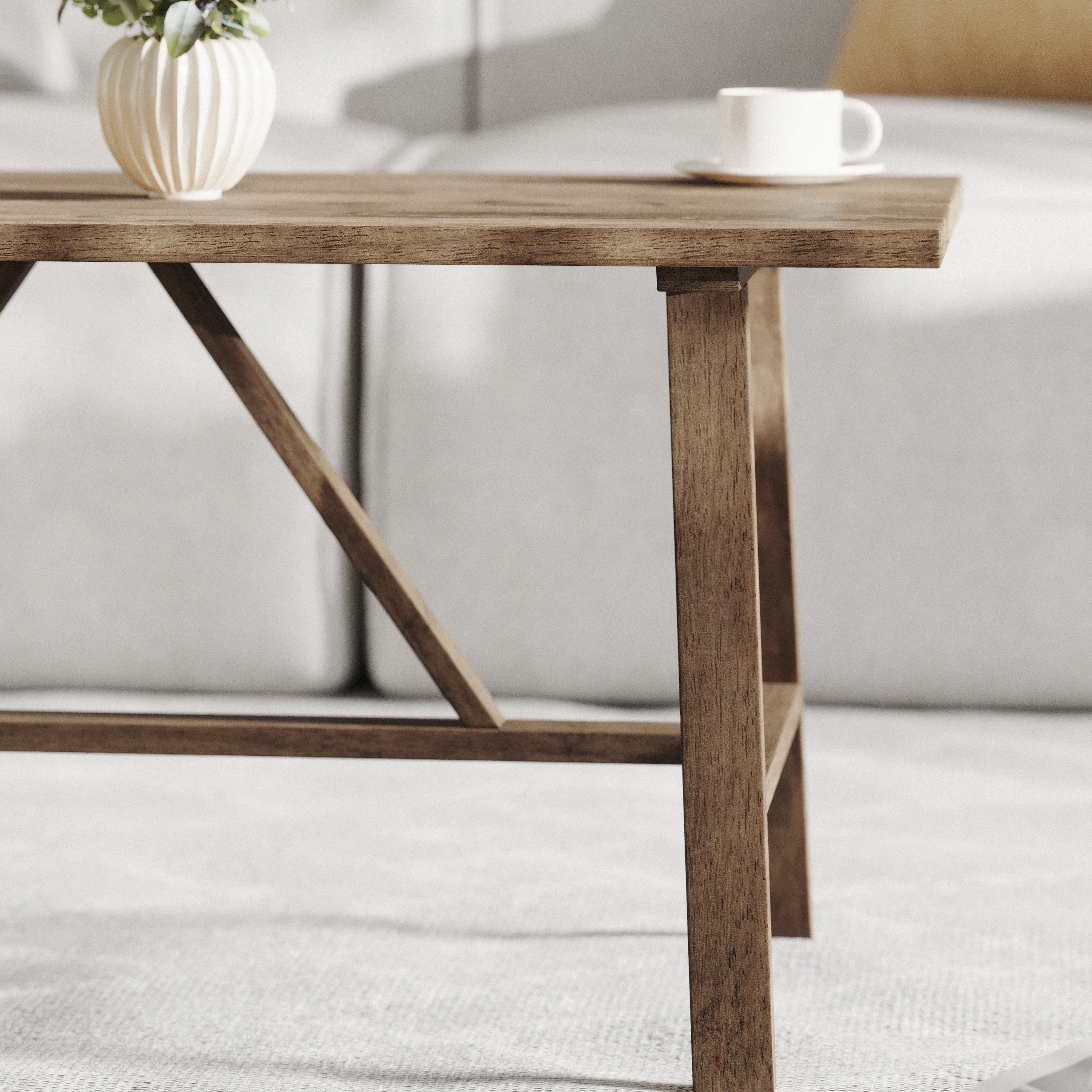 Eli Solid Wood Farmhouse Coffee Table, Trestle Style Accent Table