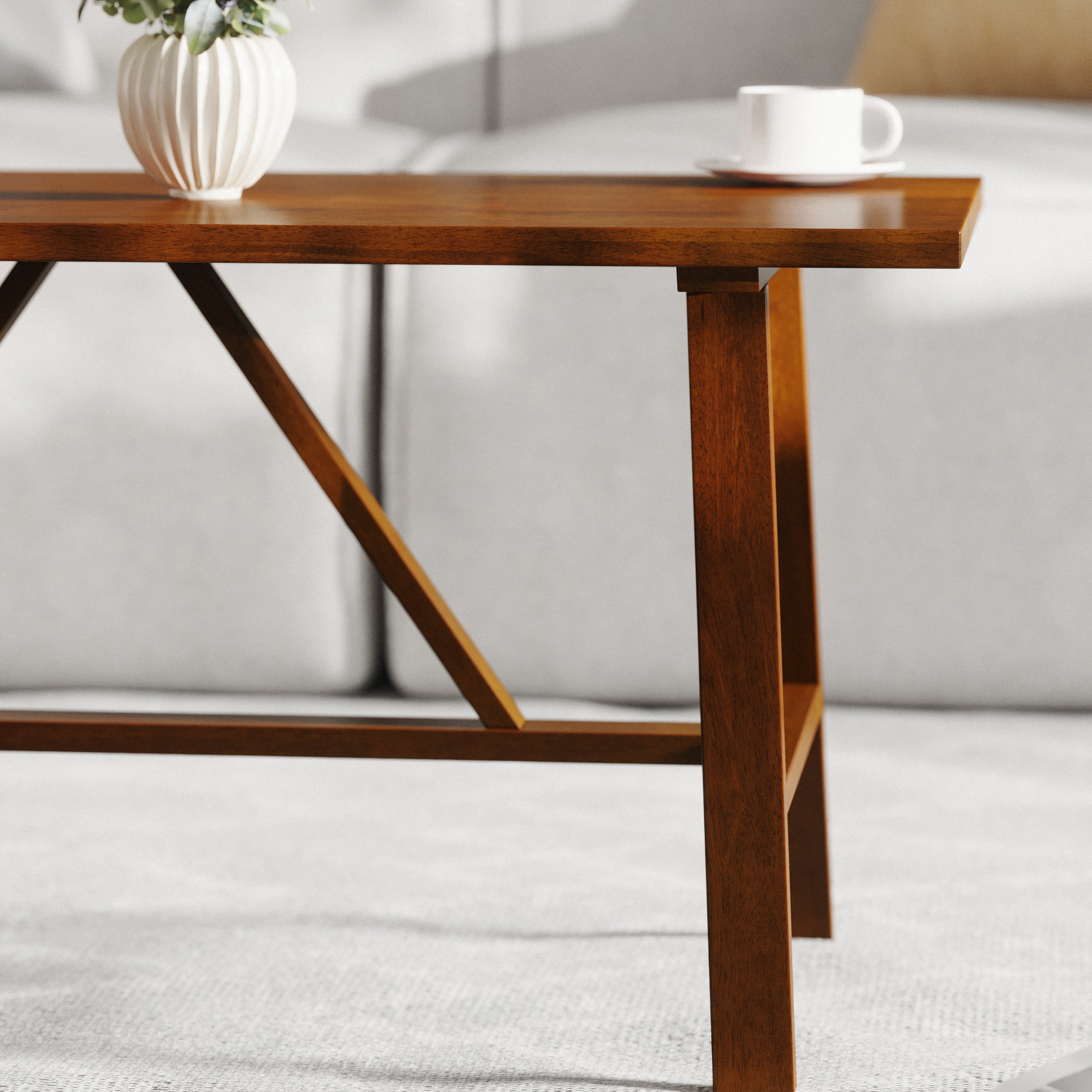 Eli Solid Wood Farmhouse Coffee Table, Trestle Style Accent Table